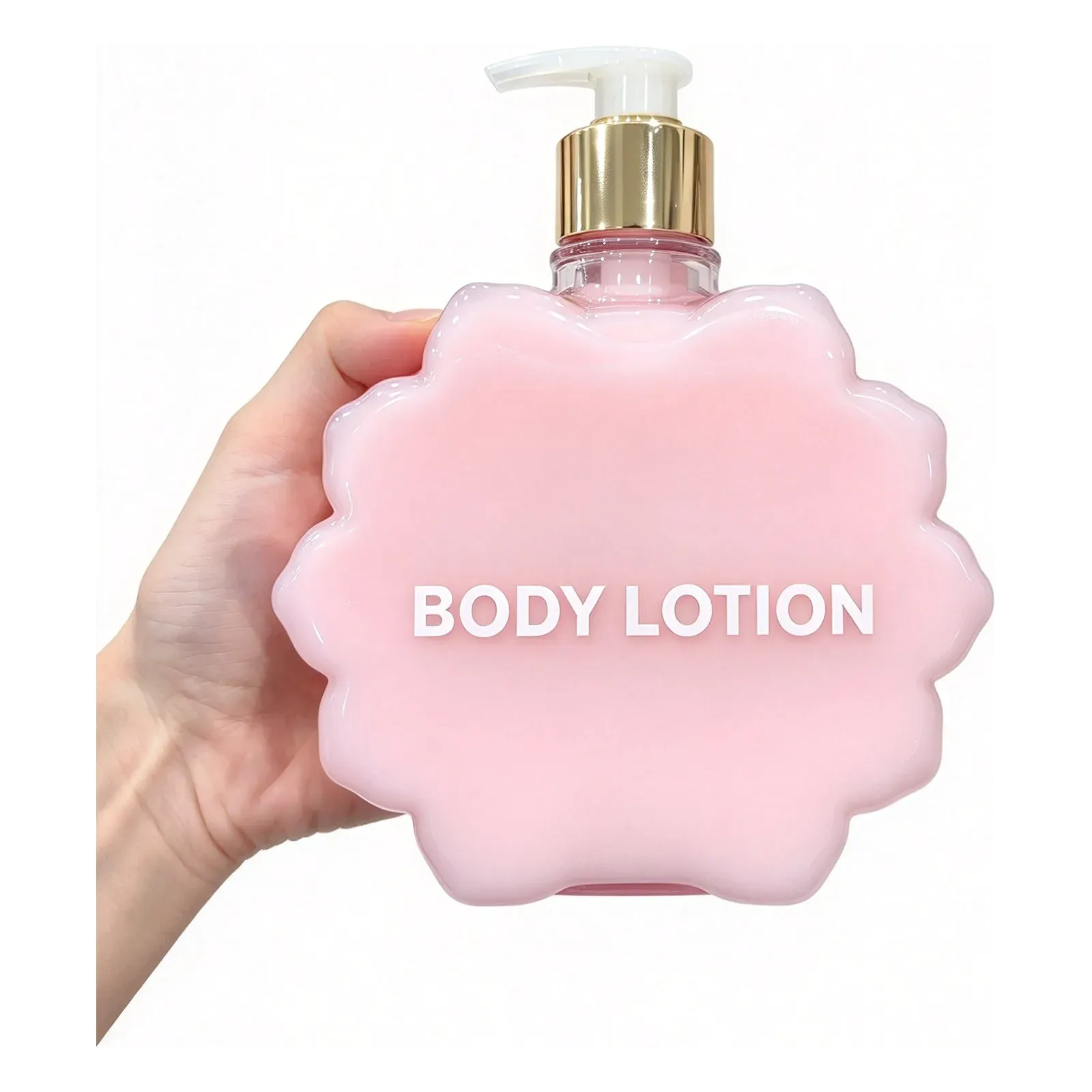 Flower-shaped pink body lotion bottle with gold pump dispenser