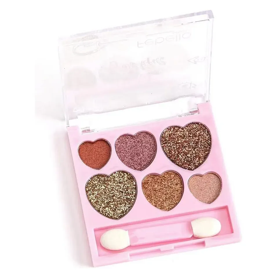 Heart-shaped six-pan shimmer blush palette in pink case