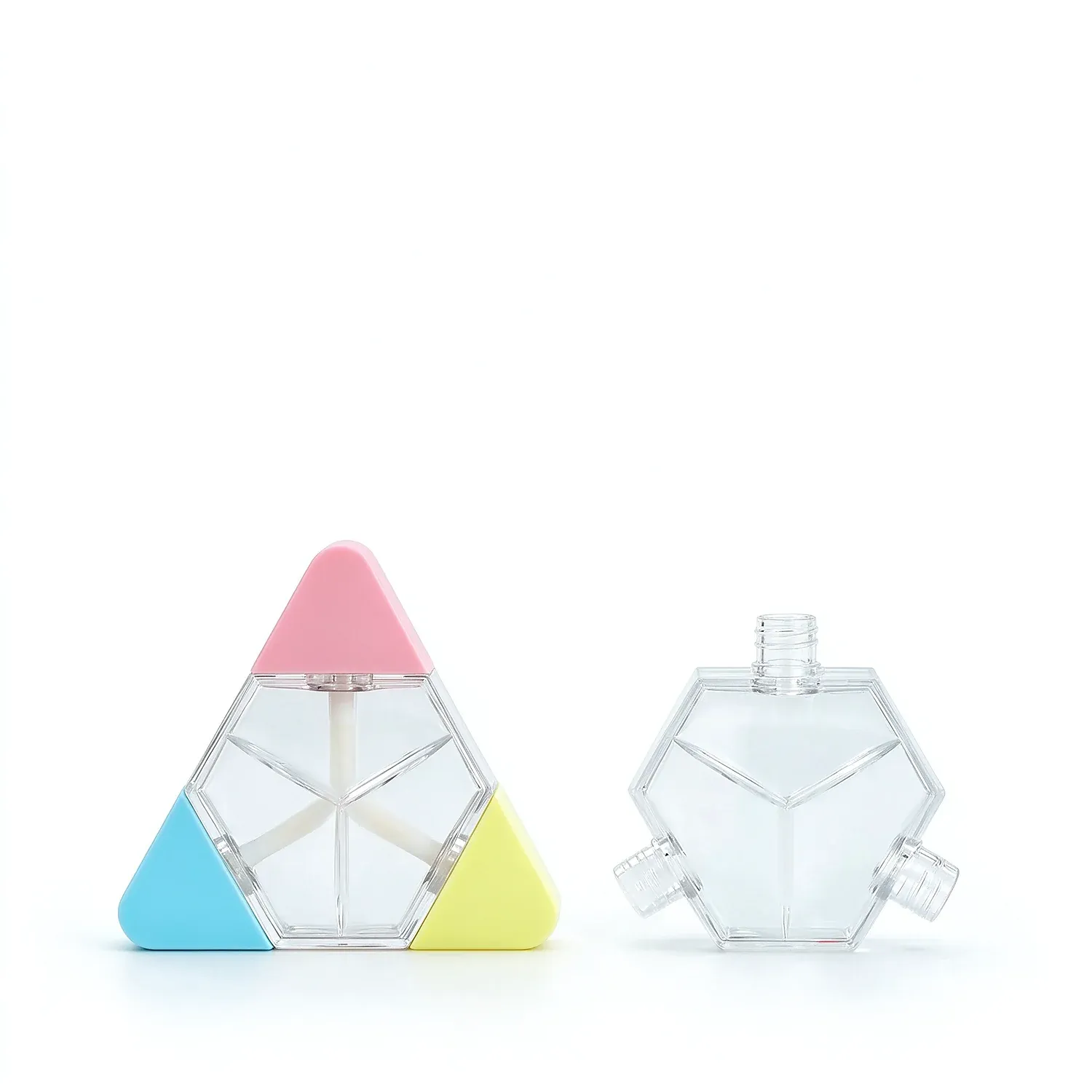 Clear triangular lip gloss bottle with pink, blue and yellow colour-blocked corner caps