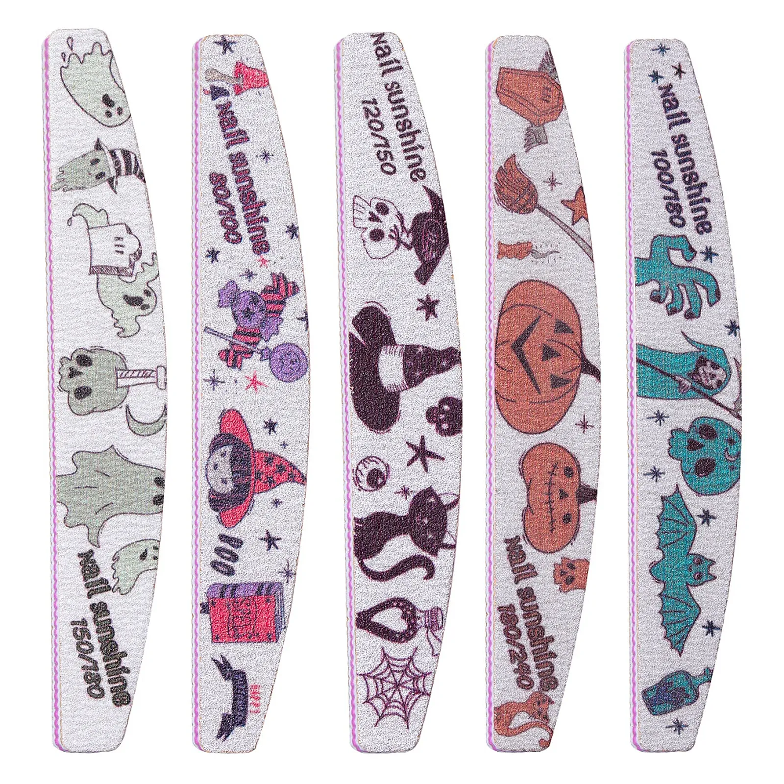 Halloween Emery Board Nail File Set - Five long oval emery boards with white surfaces, pink scalloped edges and Halloween prints of ghosts, skulls, witches, black cats, pumpkins, bats and candy, plus printed grit numbers.