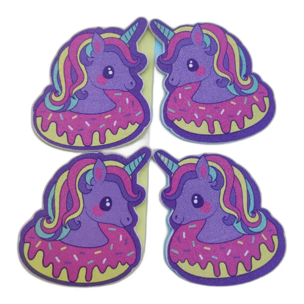 Nail files shaped as a purple unicorn head over a sprinkle donut ring