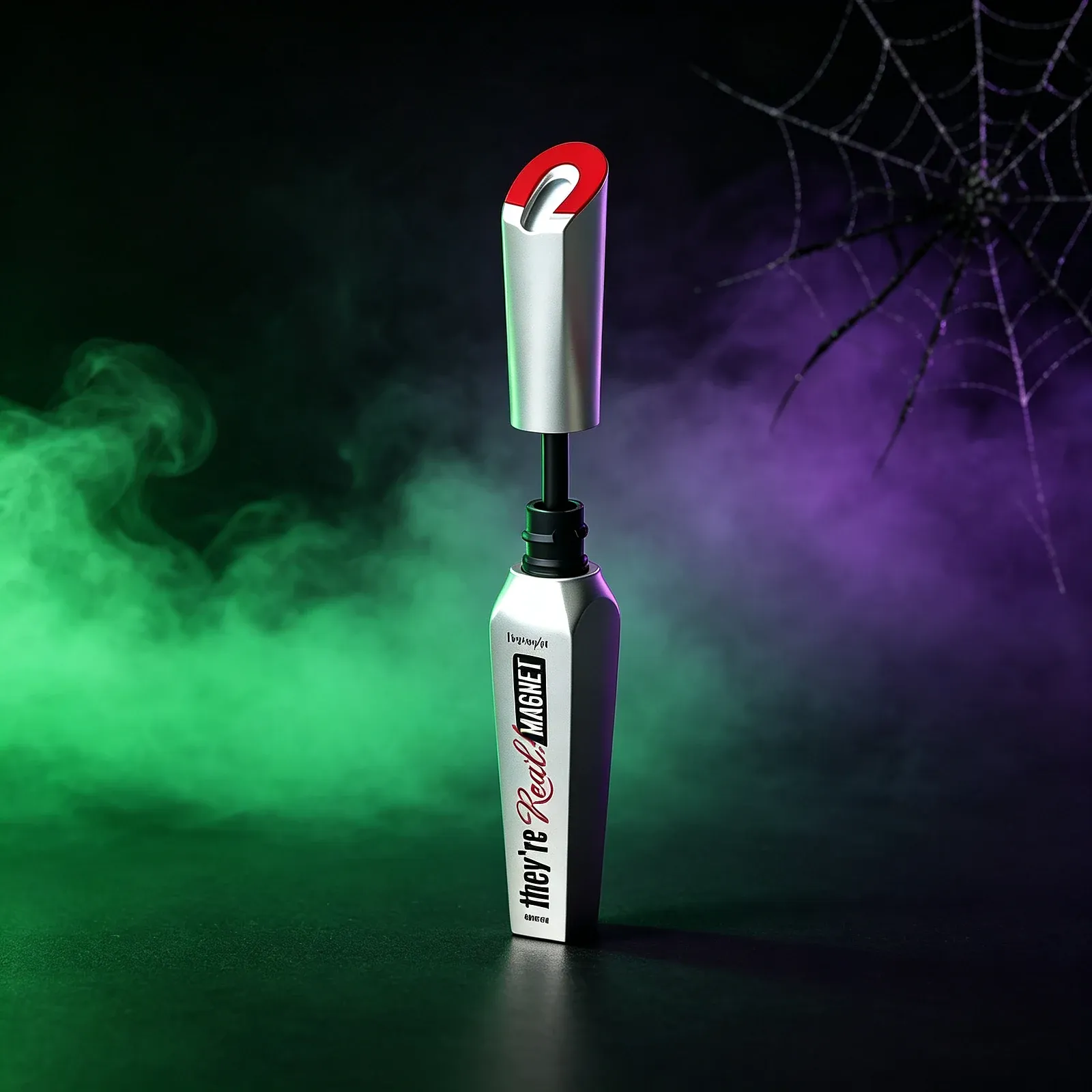 Magnet Eyeliner Bottle - A slim silver angular bottle with a red oval accent on the cap and a long thin black applicator, with 'MAGNET' printed vertically down the body.