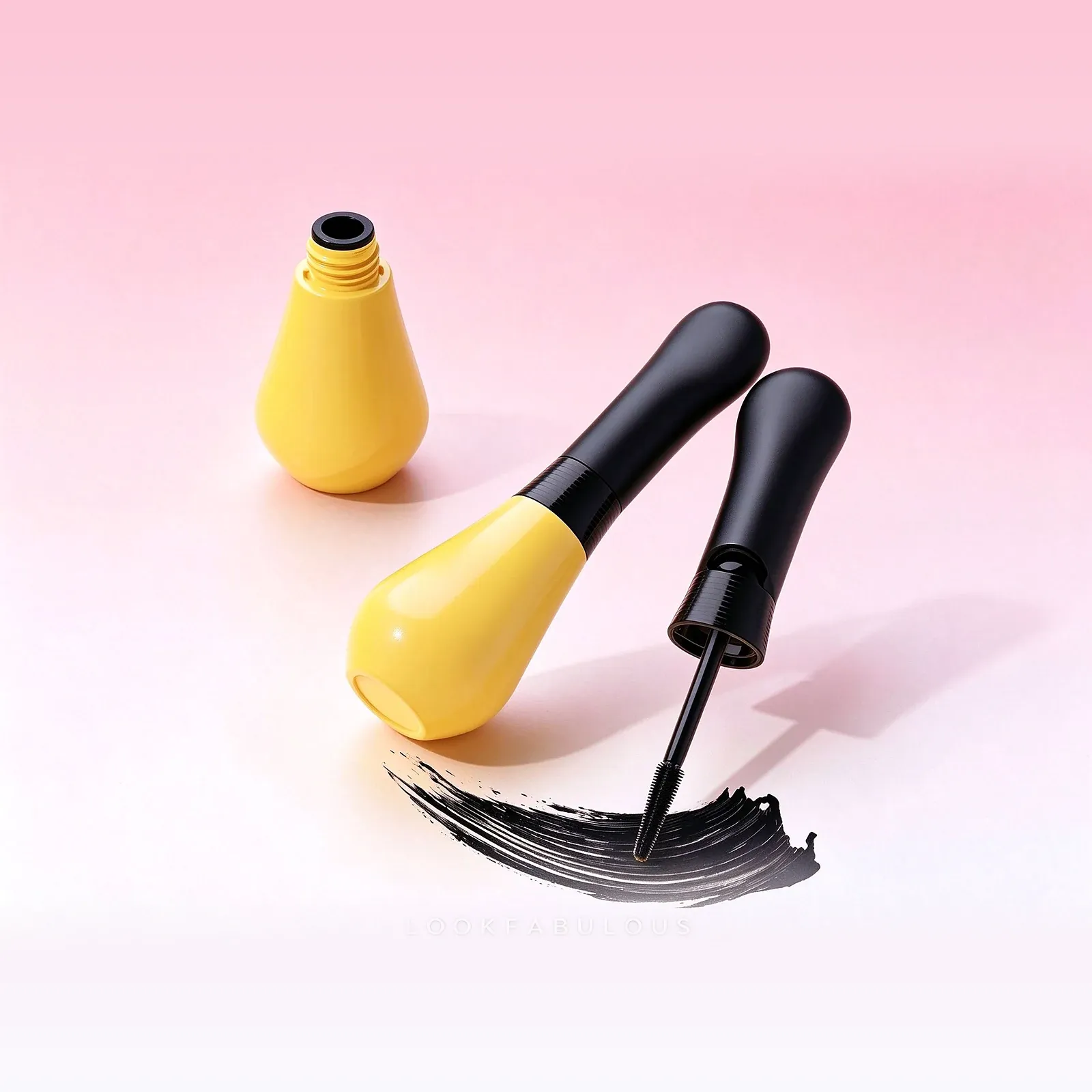 Yellow pear-shaped mascara tube with a black cap and bendable brush