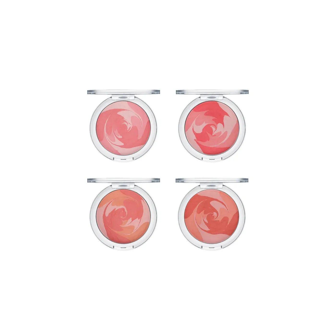 Four round blush compacts with pink, rose and coral swirl pans