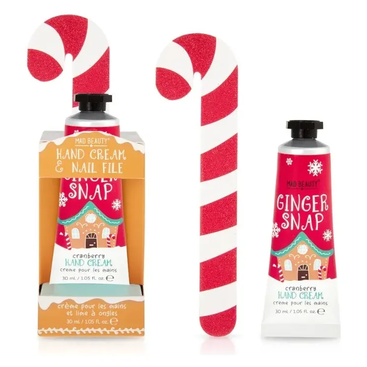 Ginger Snap hand cream tube with candy cane and printed box