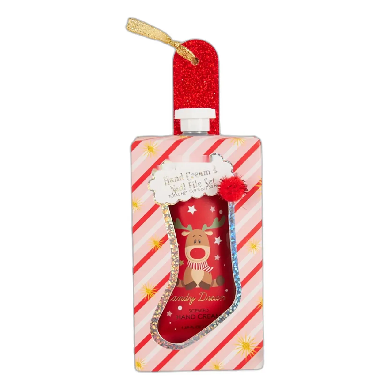 Candy Dreams reindeer hand cream and nail file gift box with candy cane stripes