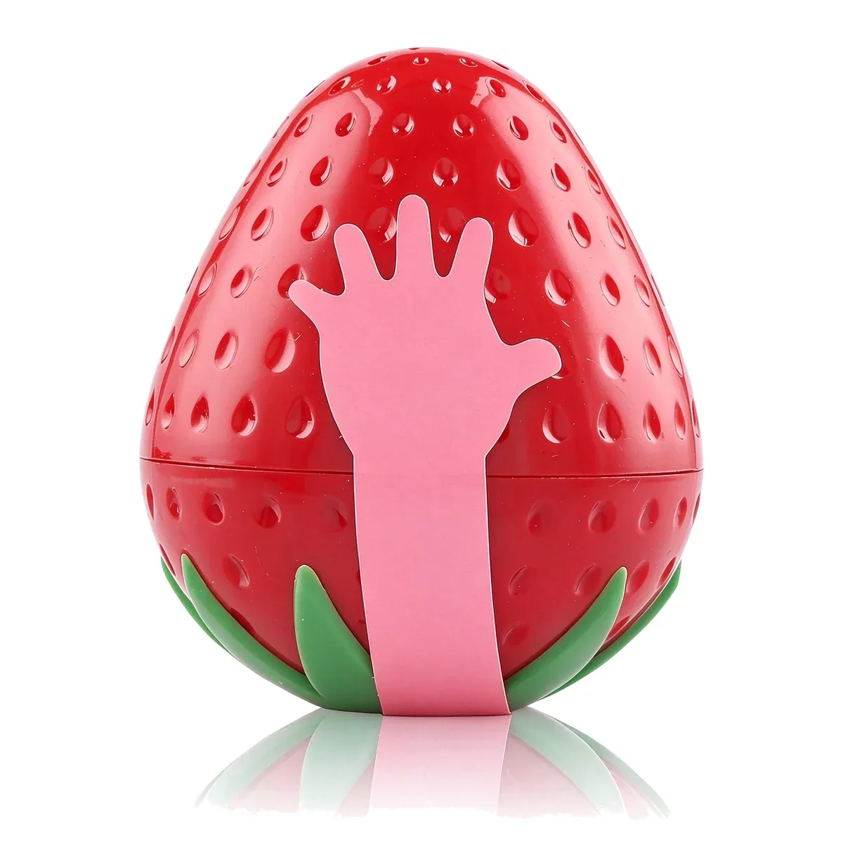 Red strawberry shaped hand cream container wrapped with a pink hand shaped band