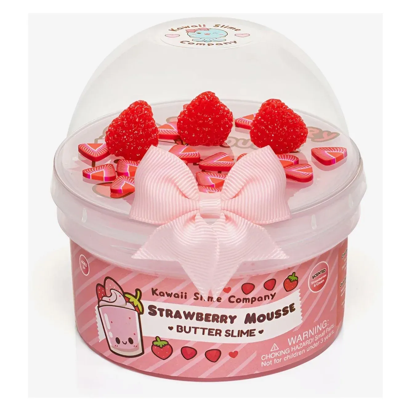 Strawberry Mousse butter slime jar with dome lid, strawberries and pink bow