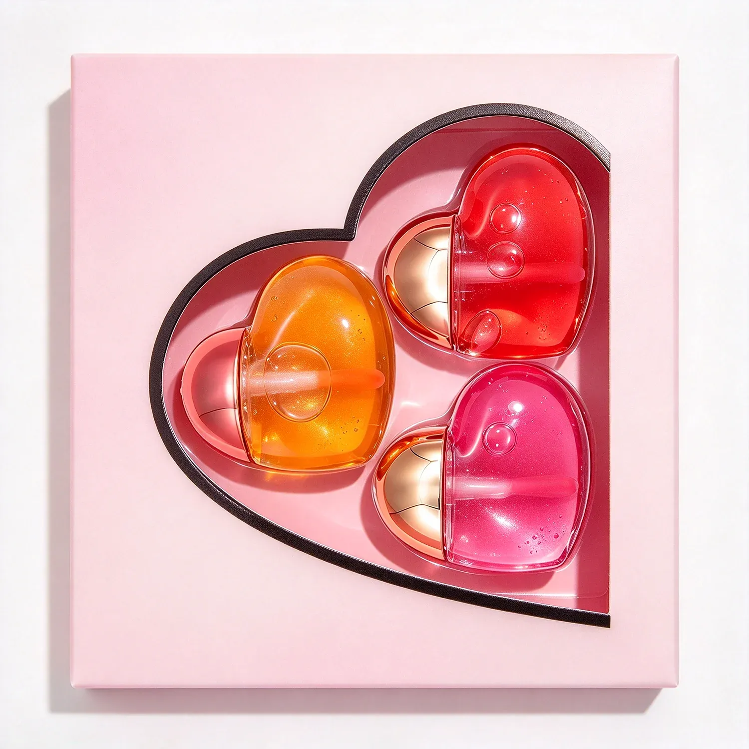 Heart-shaped glosses in a pink gift box and an iridescent gift box