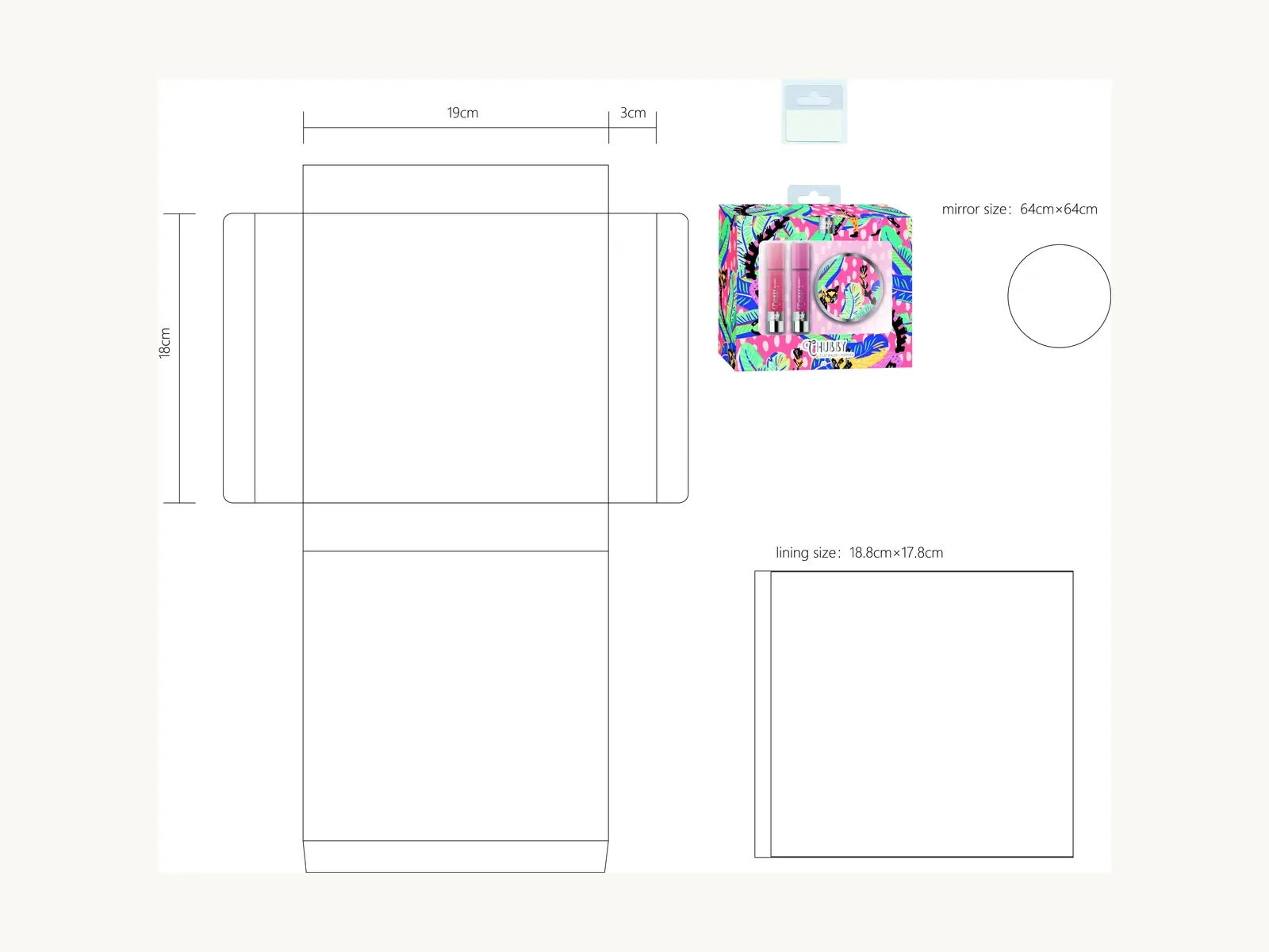 Die-cut drawing for a chubby and mirror gift carton with panel sizes, a 64 by 64 mm mirror and a printed insert