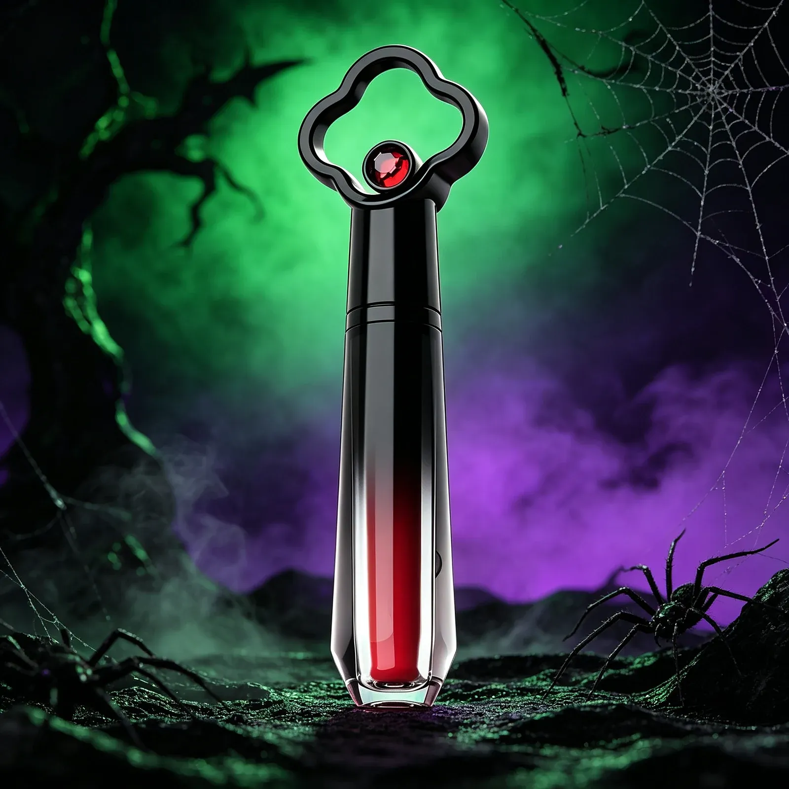 Key Gem Lip Gloss - A long black gloss tube topped with an open key-shaped handle set with a small red jewel, a clear window showing red gloss running down the body.
