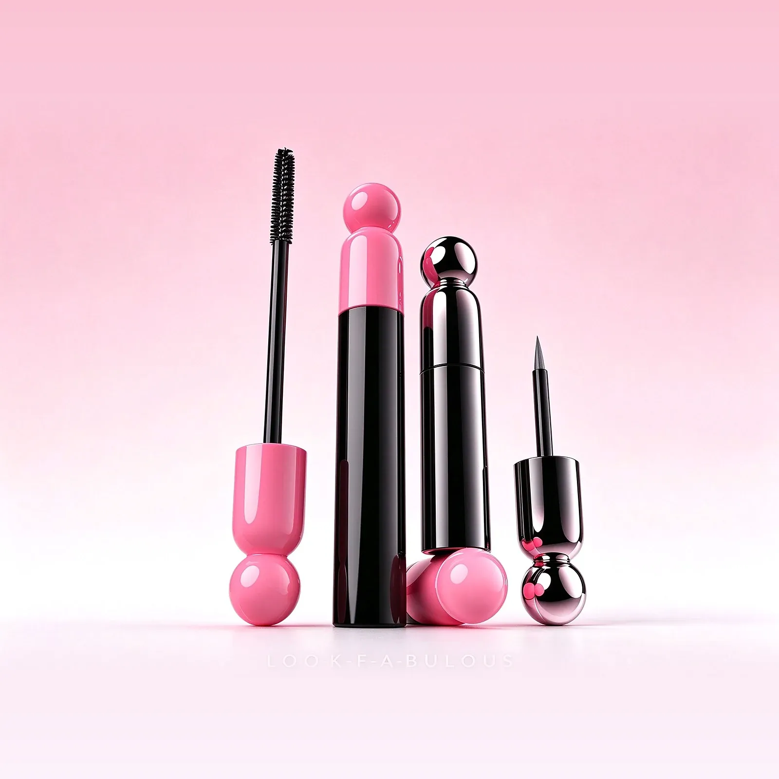 Pink and black ball-topped mascara and eyeliner tubes with brush and fine tip