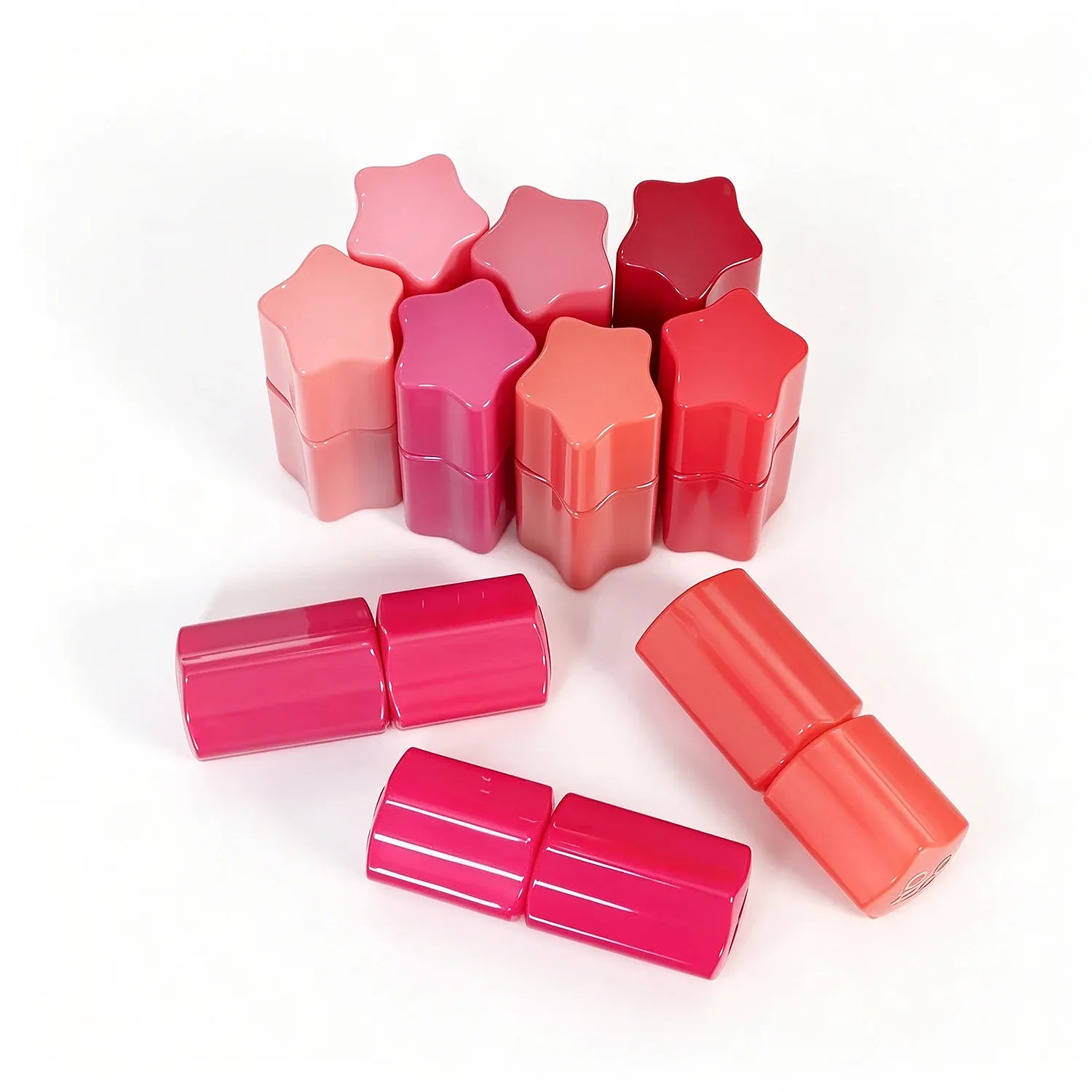 Star-shaped solid lip balm sticks with a star cross-section in eight shades