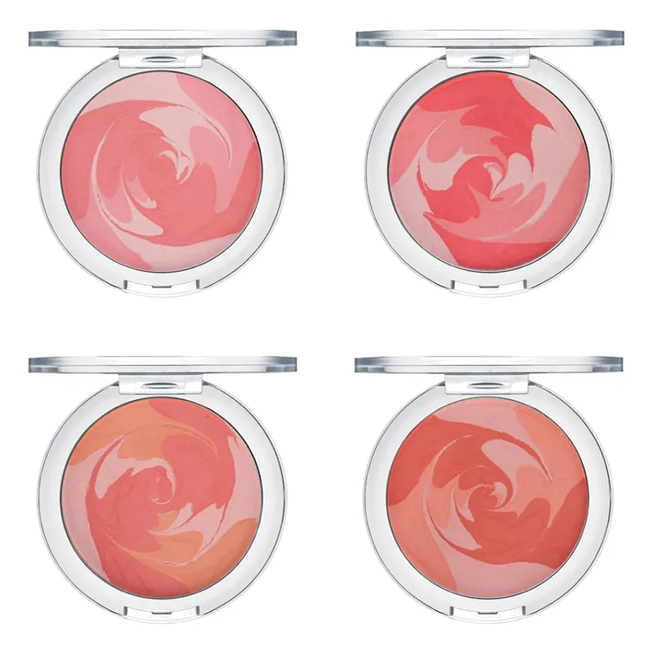 Four round blush compacts with pink, rose and coral swirl pans