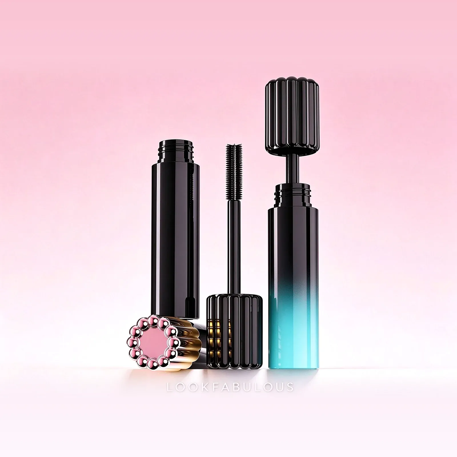 Black to blue gradient mascara tube with a ribbed cap and gold band