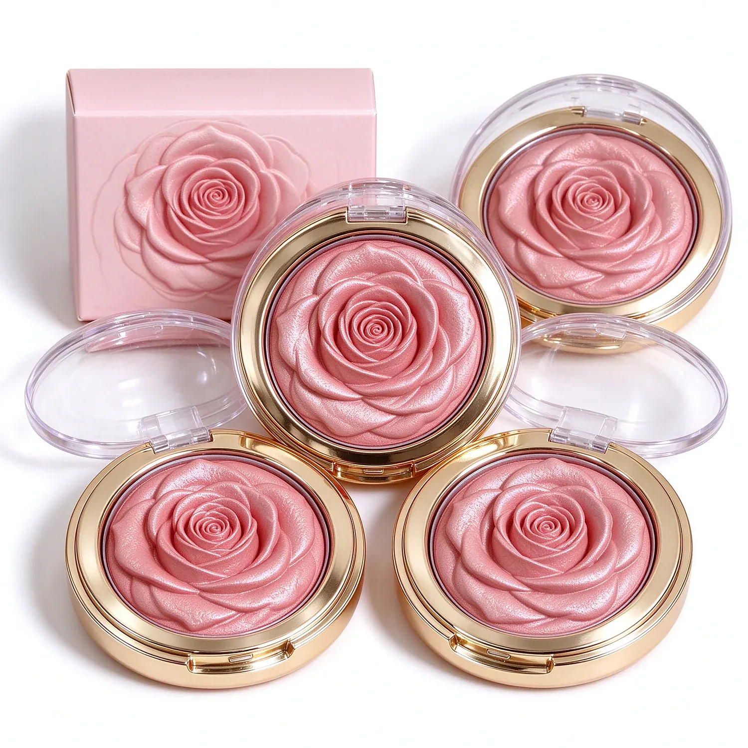 Rose shaped blush pots in pink and deep red with gold rims