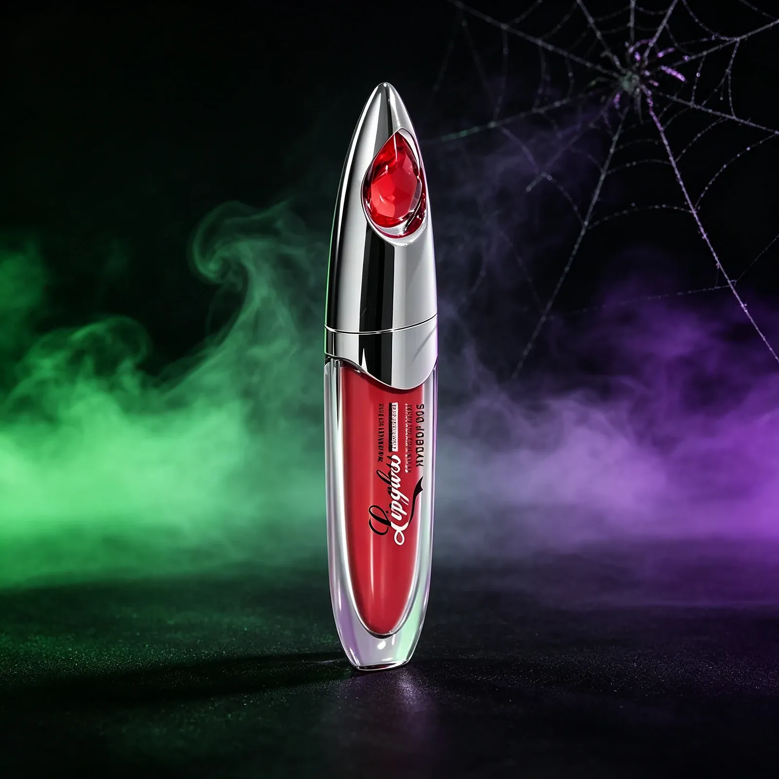 Bullet Gem Lip Gloss - A lipstick-bullet-shaped clear gloss tube topped by a pointed silver cap set with a large red jewel, with red gloss in the lower body and white script lettering down one side.