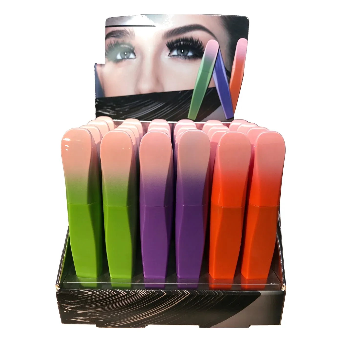 Display box of curved mascara tubes with peach-to-color gradient finish
