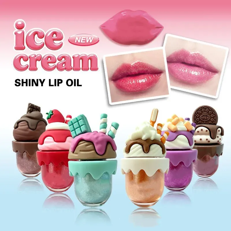 Six sundae-shaped lip oil cups with lip swatch photos