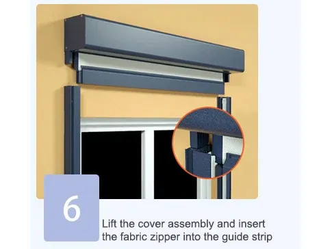 Lift the cover assembly and insert the fabric zipper into the guide strip