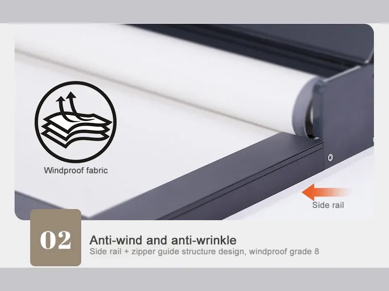 Fabric edge with its zipper guide running inside an aluminium side rail on a windproof roller blind.