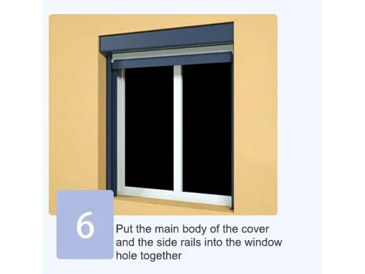 Put the main body of the cover and the side rails into the window hole together