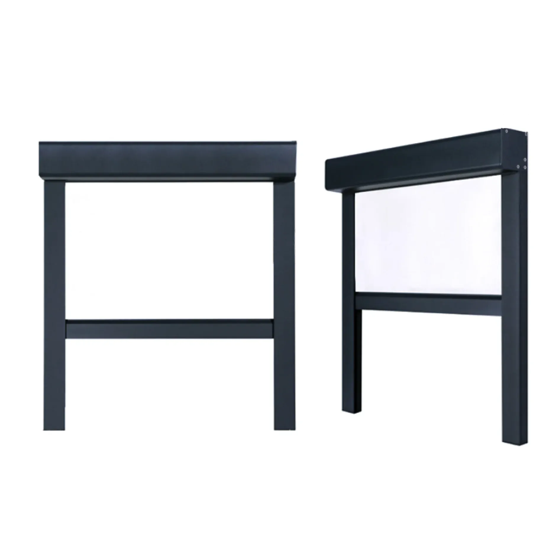 ZT110 motorized windproof roller blind, dark grey fabric in aluminium side rails, front and angled views