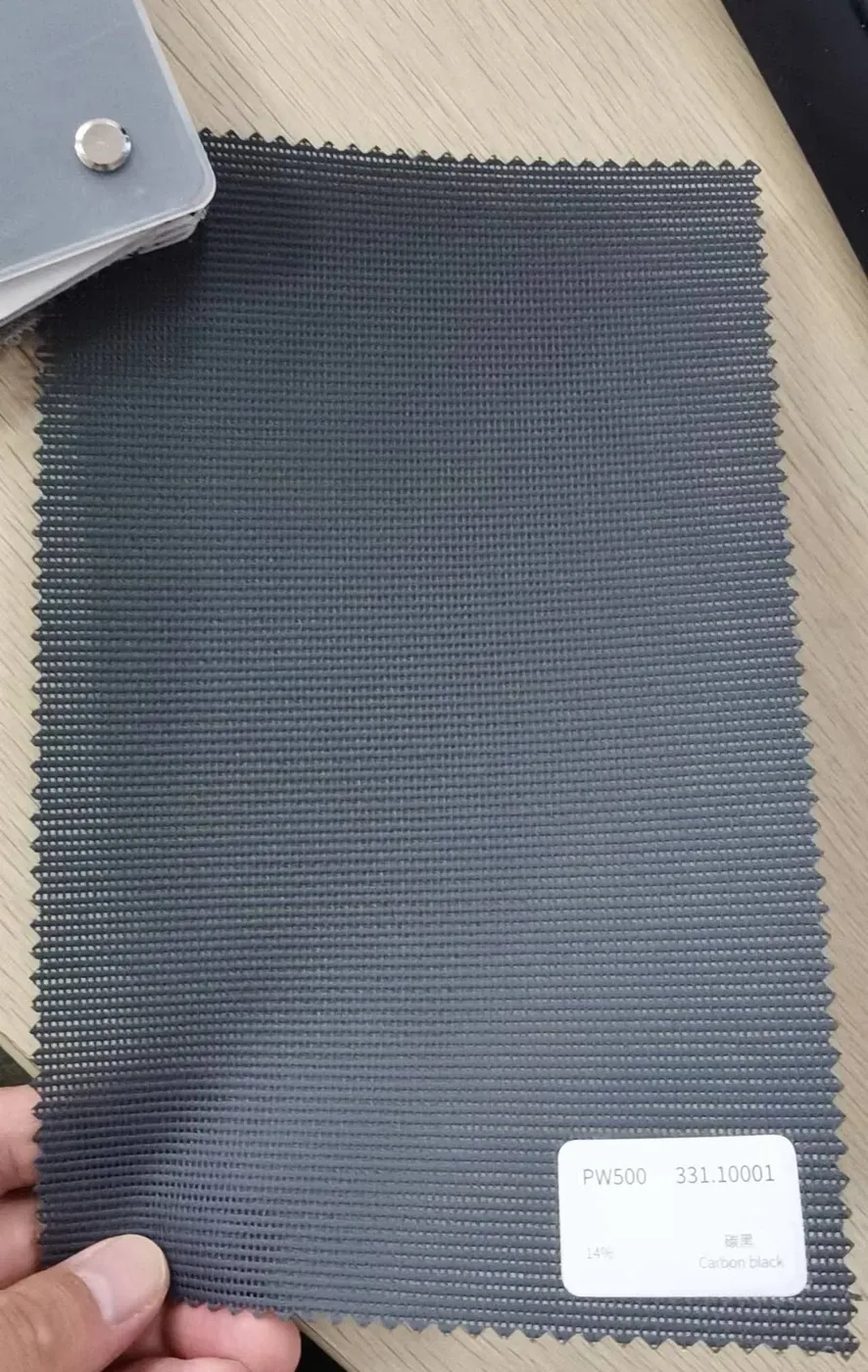 PW500 fabric colour swatch 331.10001 carbon black, a 14% openness screen weave.
