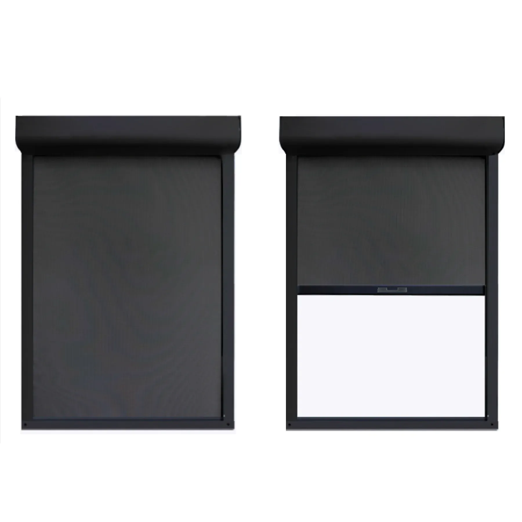 Cordless spring system manual windproof roller blind, fabric fully lowered and half open, front view