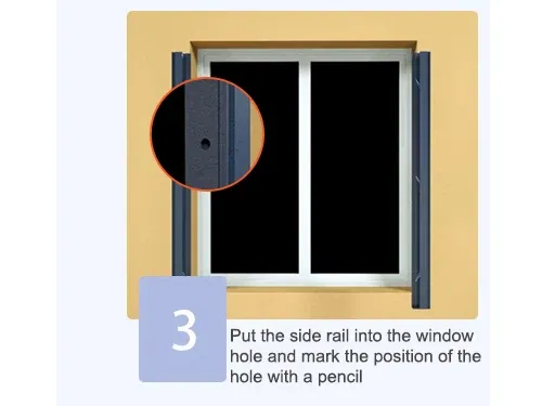 Put the side rail into the window hole and mark the position of the hole with a pencil
