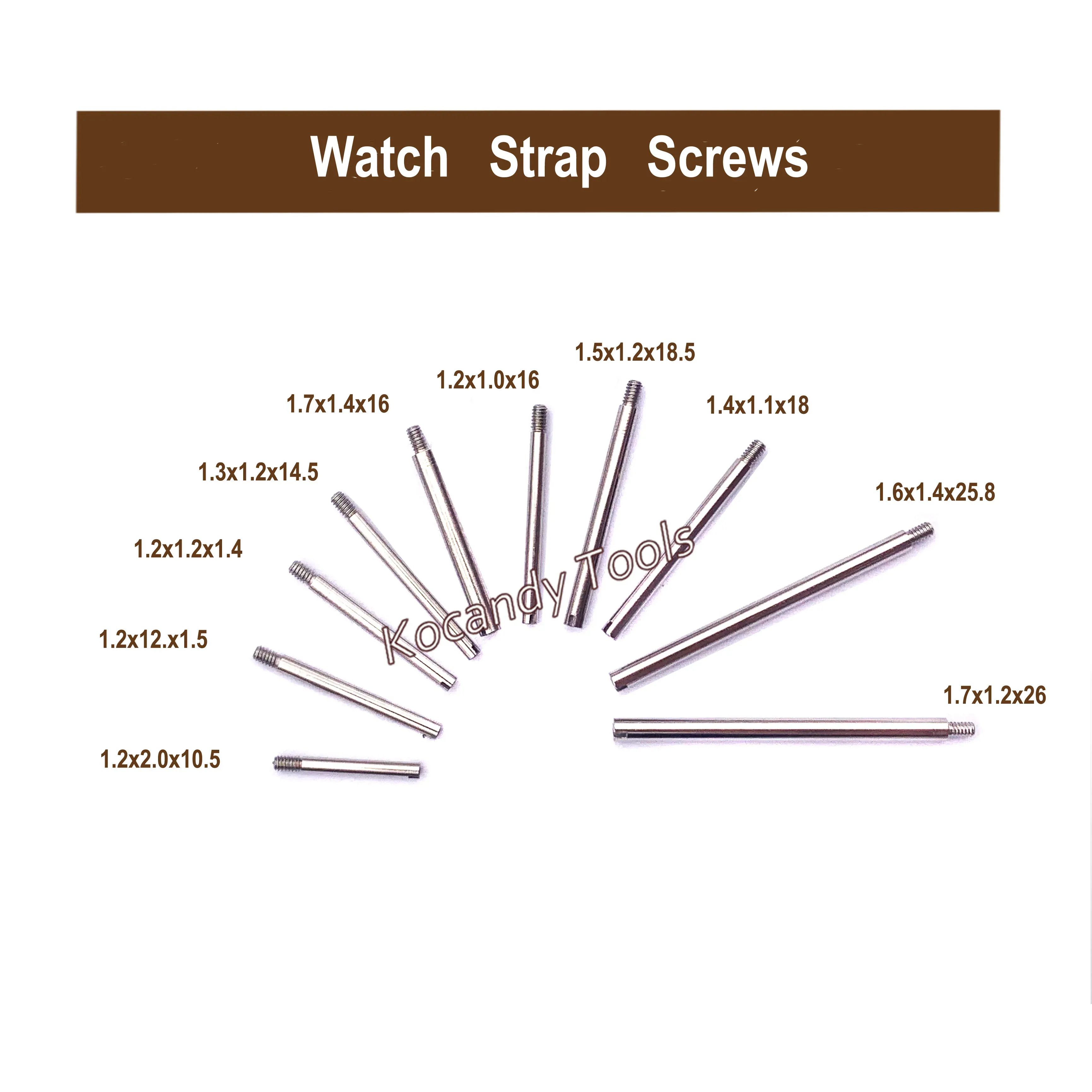 Fan of screw pins labelled 1.6mm, 1.4mm and 1.2mm thread diameters