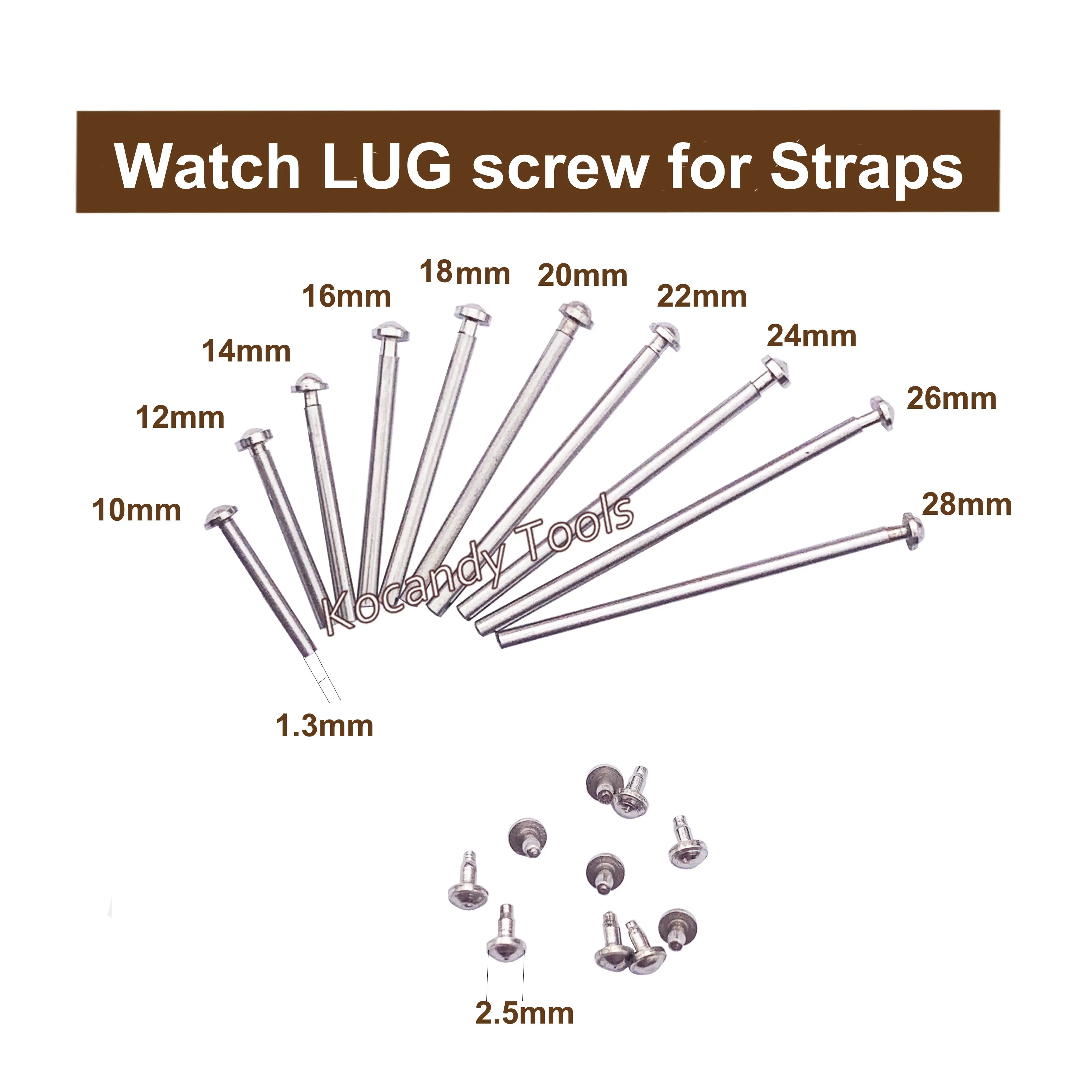 Silver band pins fanned out with 11 to 28 mm length labels