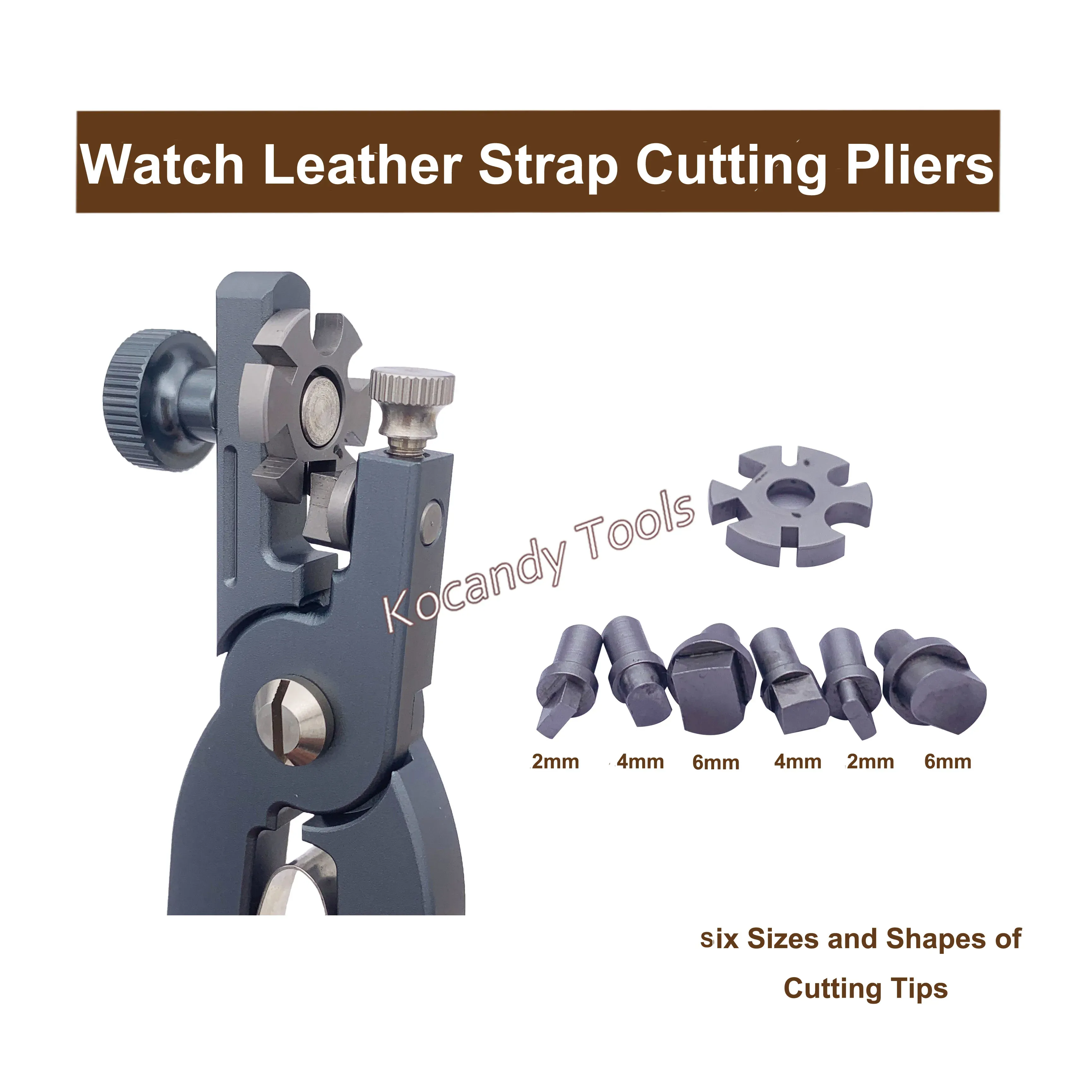 Leather strap cutting pliers shown upright with spare cutting dies