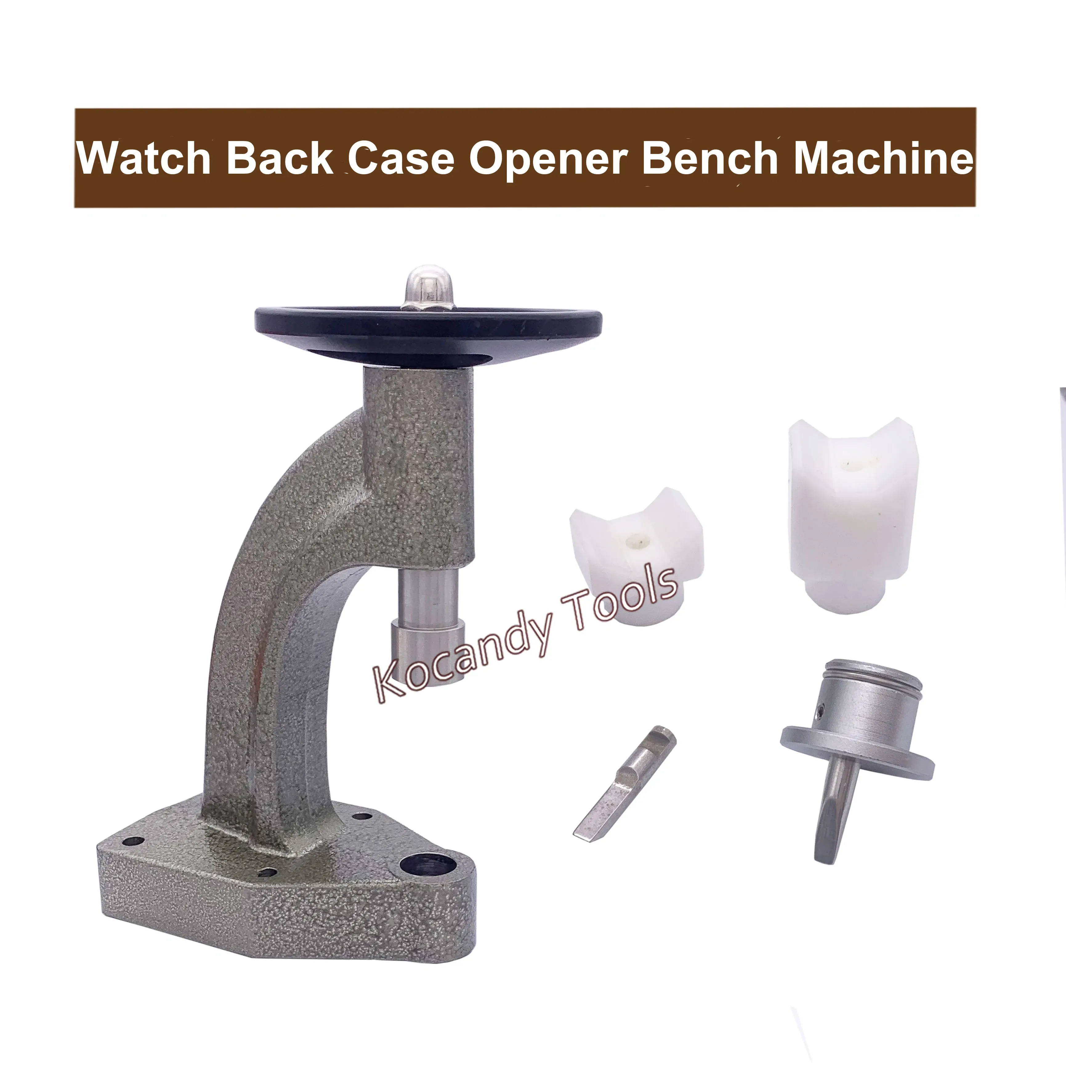 Bench mounted case opener press shown with three loose dies