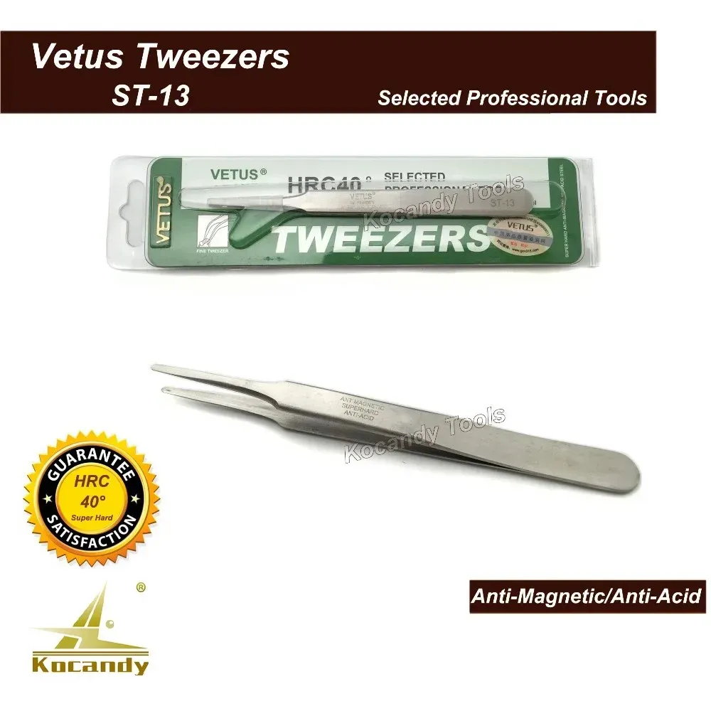 Vetus ST-13 broad tip tweezers beside a green anti-magnetic sleeve