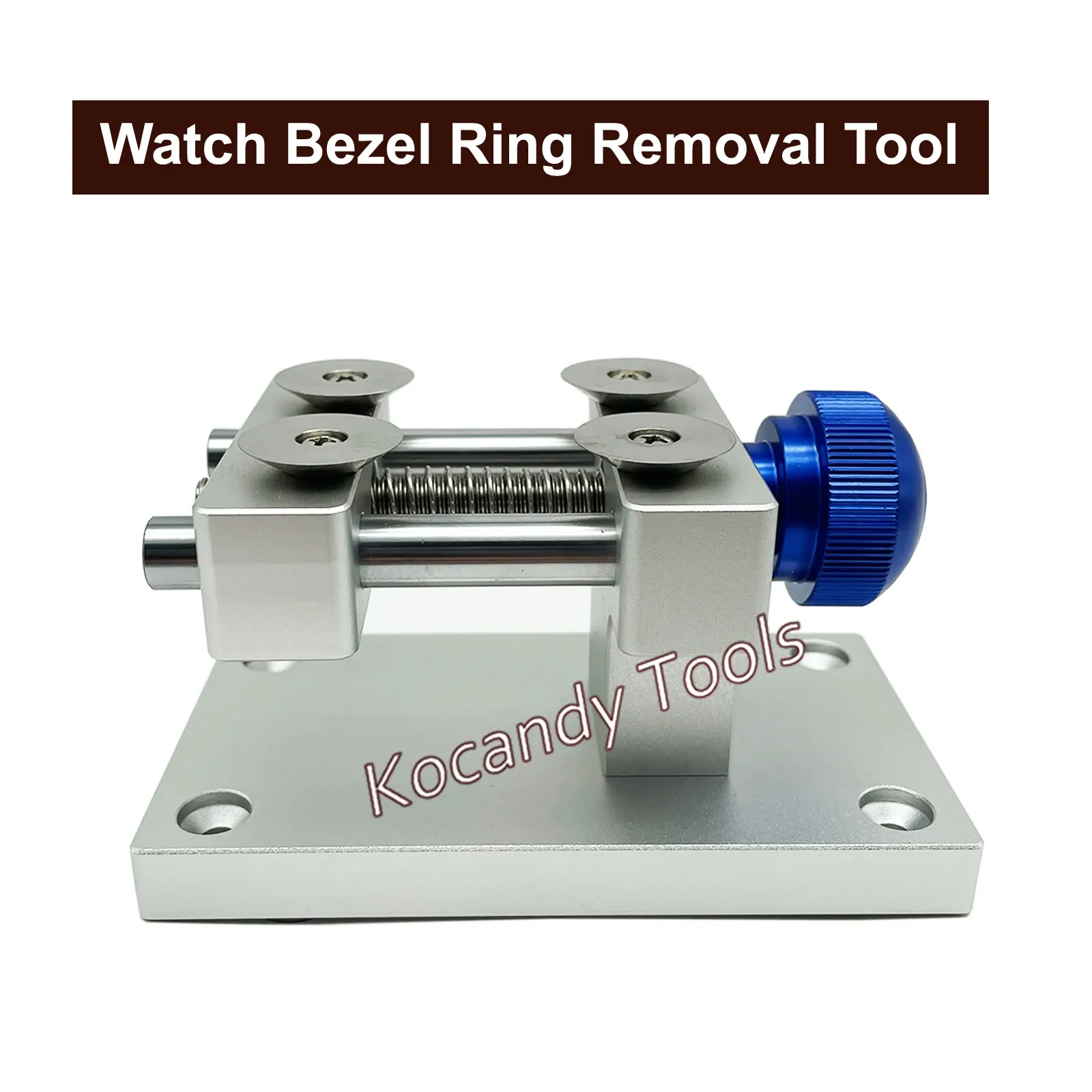 Silver bezel removal tool with a blue knob on plain background