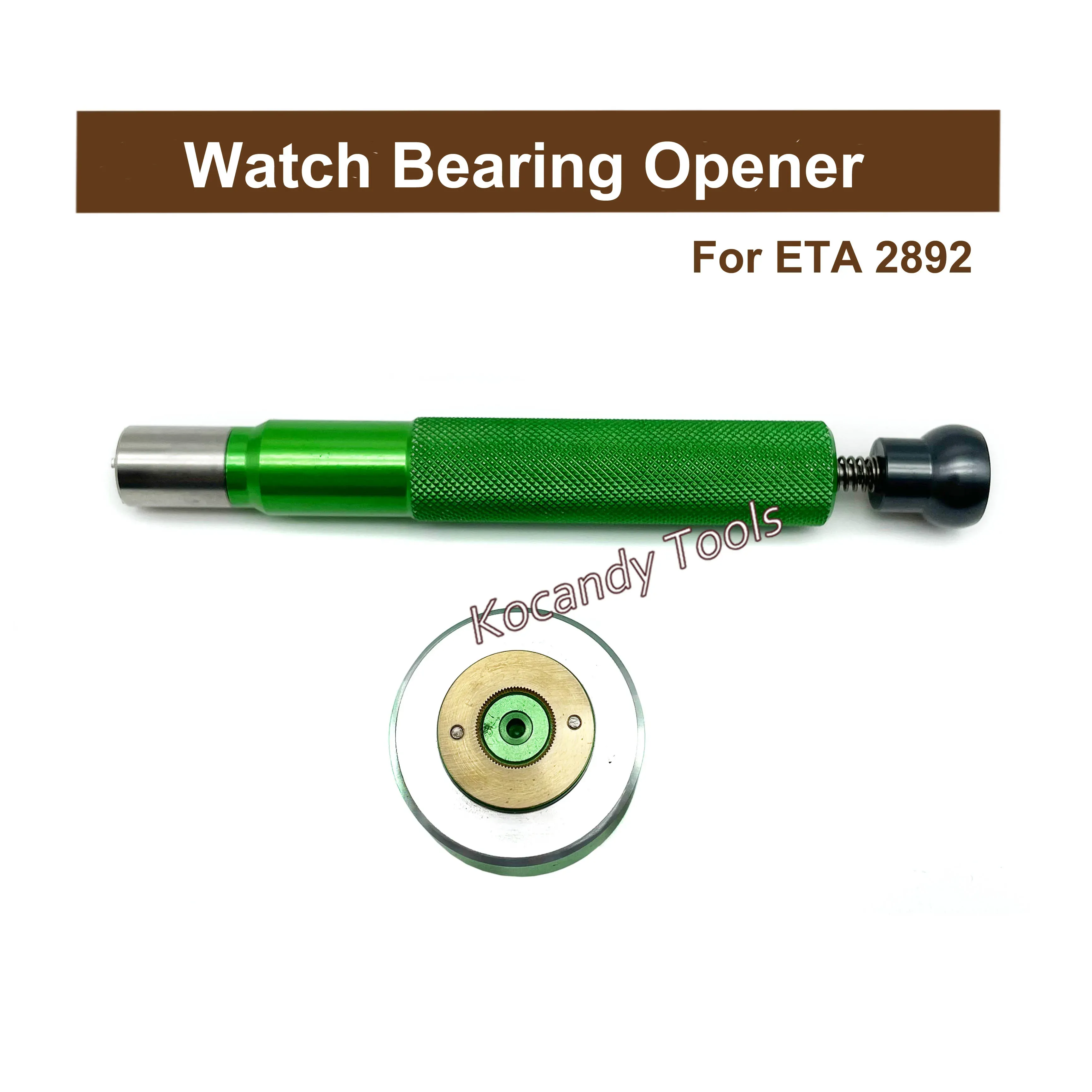 Green bearing opener lying flat above its round die plate