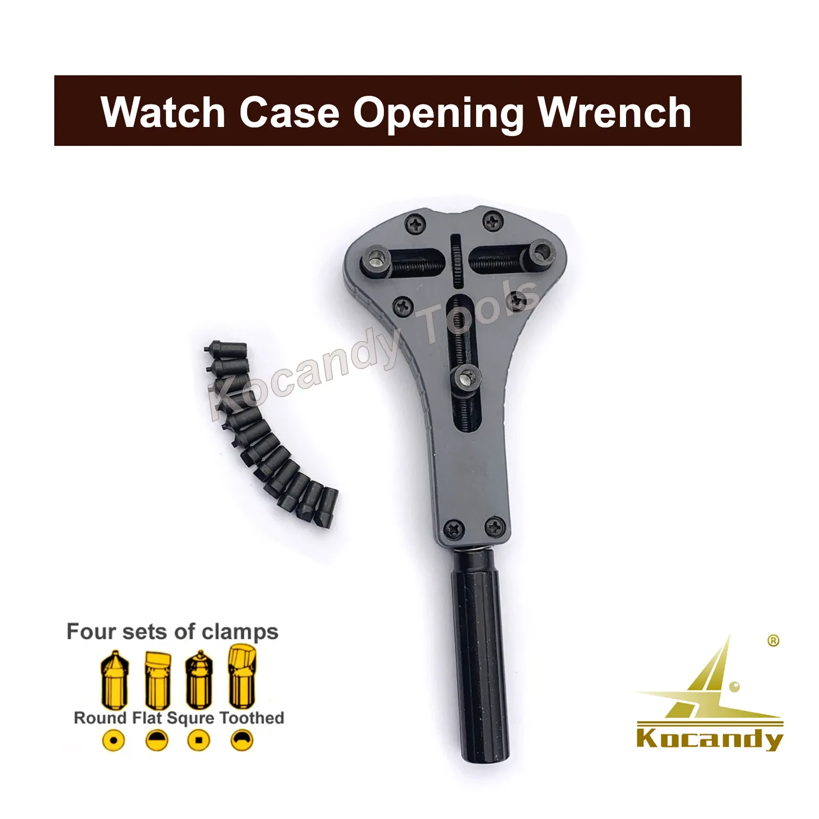 Adjustable case opener wrench shown upright with six sizes note