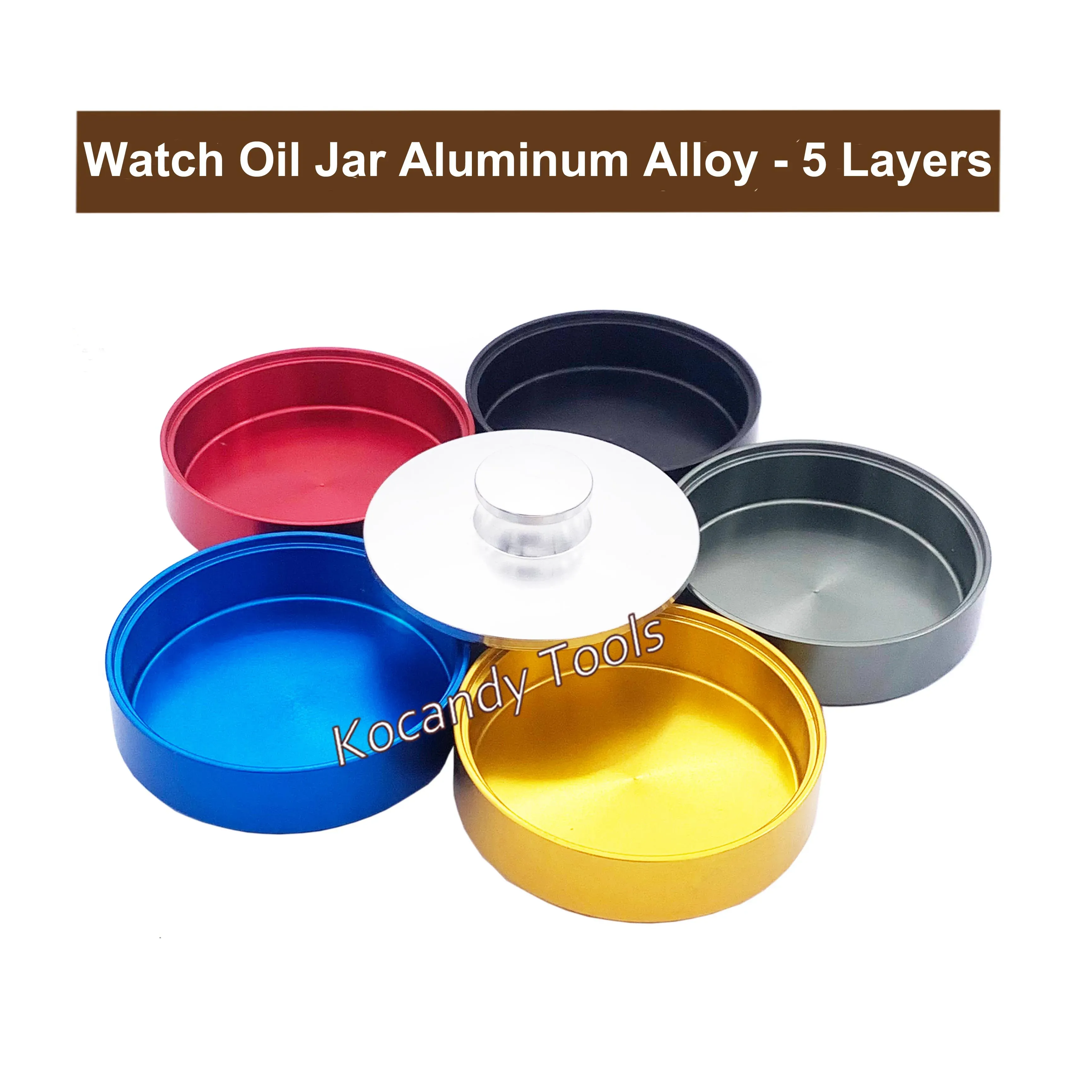 Three aluminium jar layers with red blue and gold fittings apart