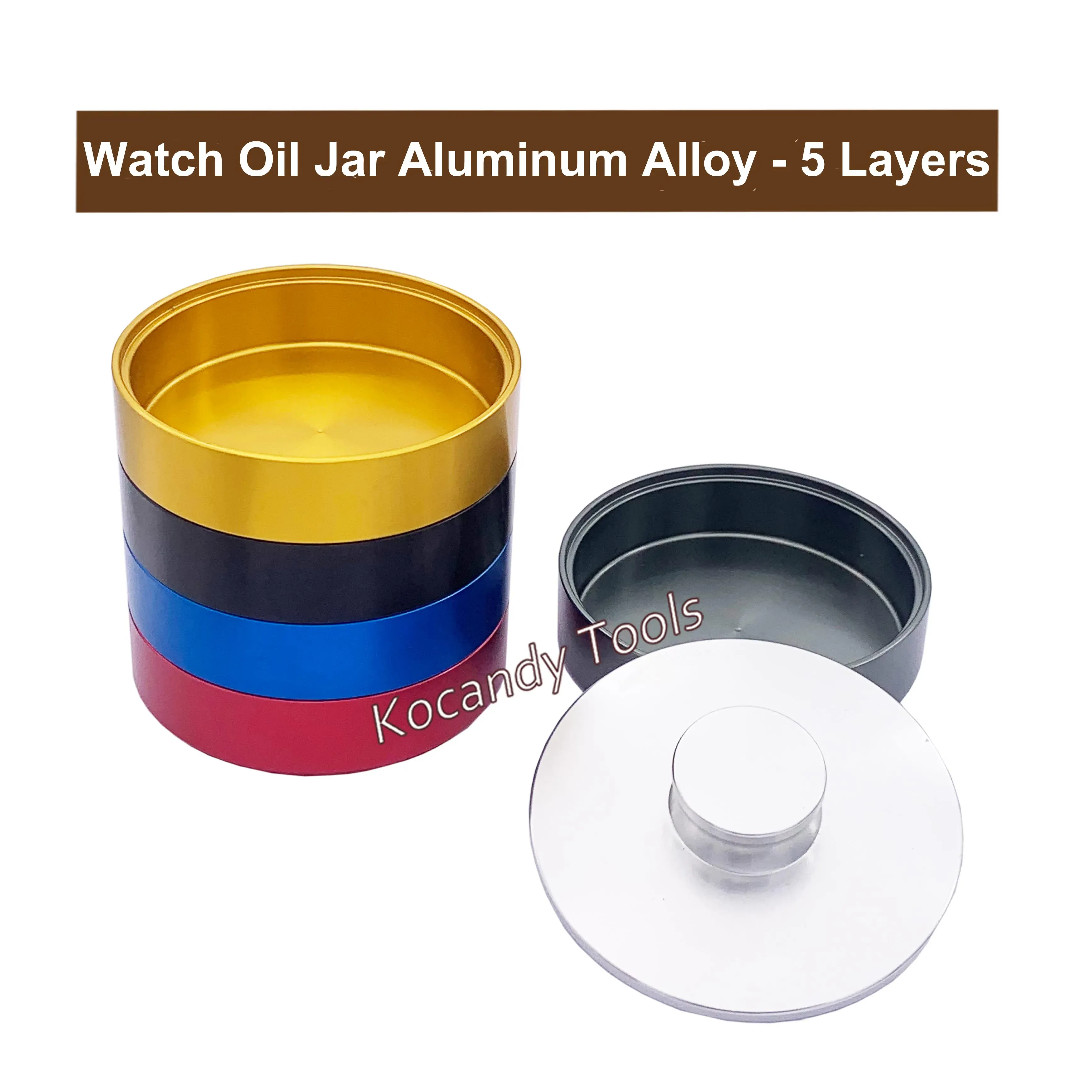 Aluminium five-layer washing jar with one lid lifted to show inside