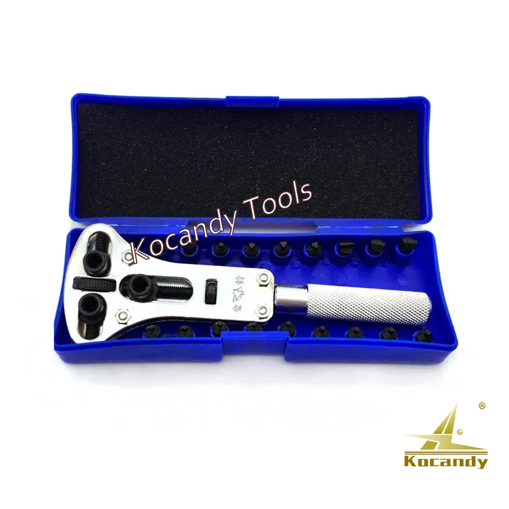 Silver Jaxa wrench with black handle in a blue storage box with dies