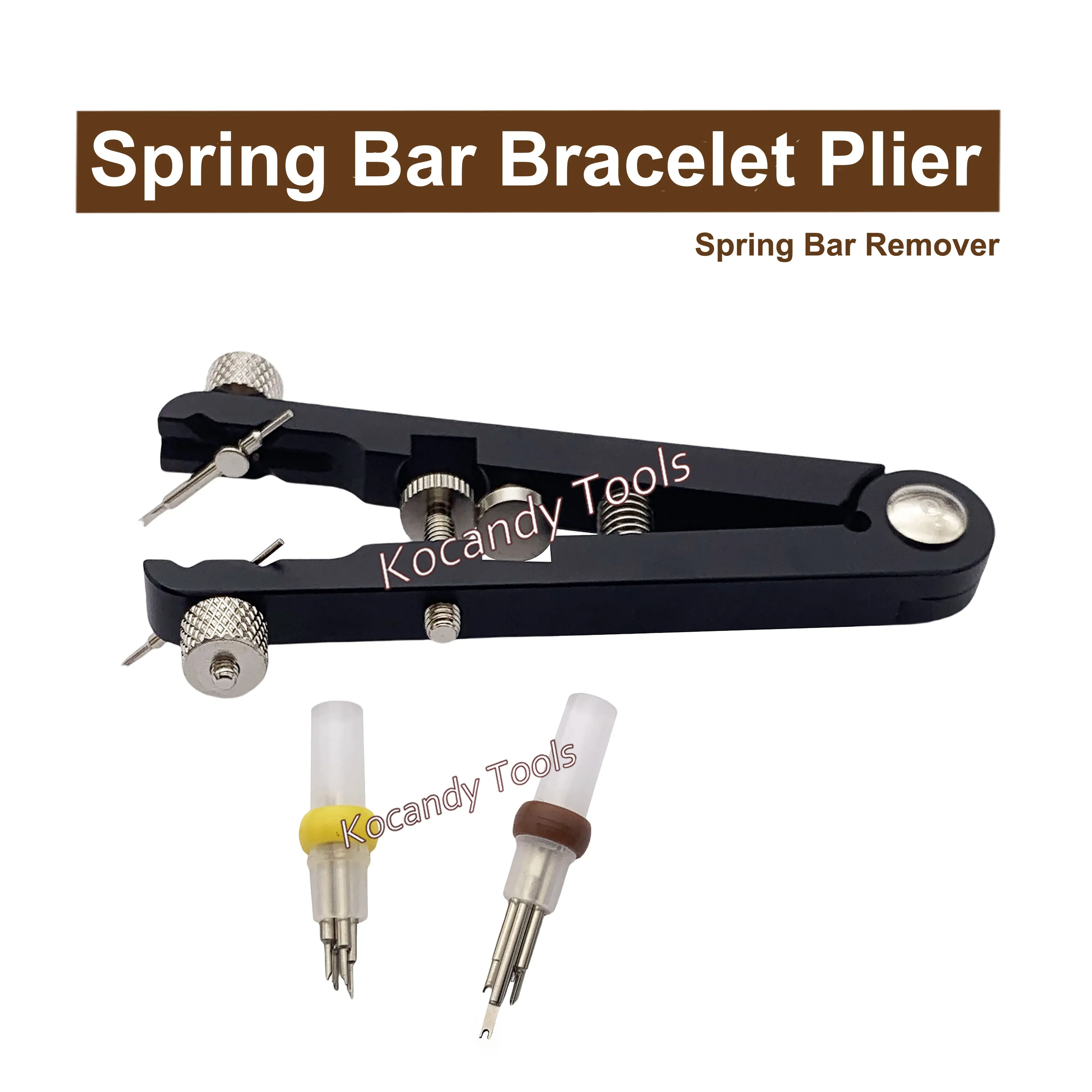 Bracelet pliers shown open with replacement tips beside them