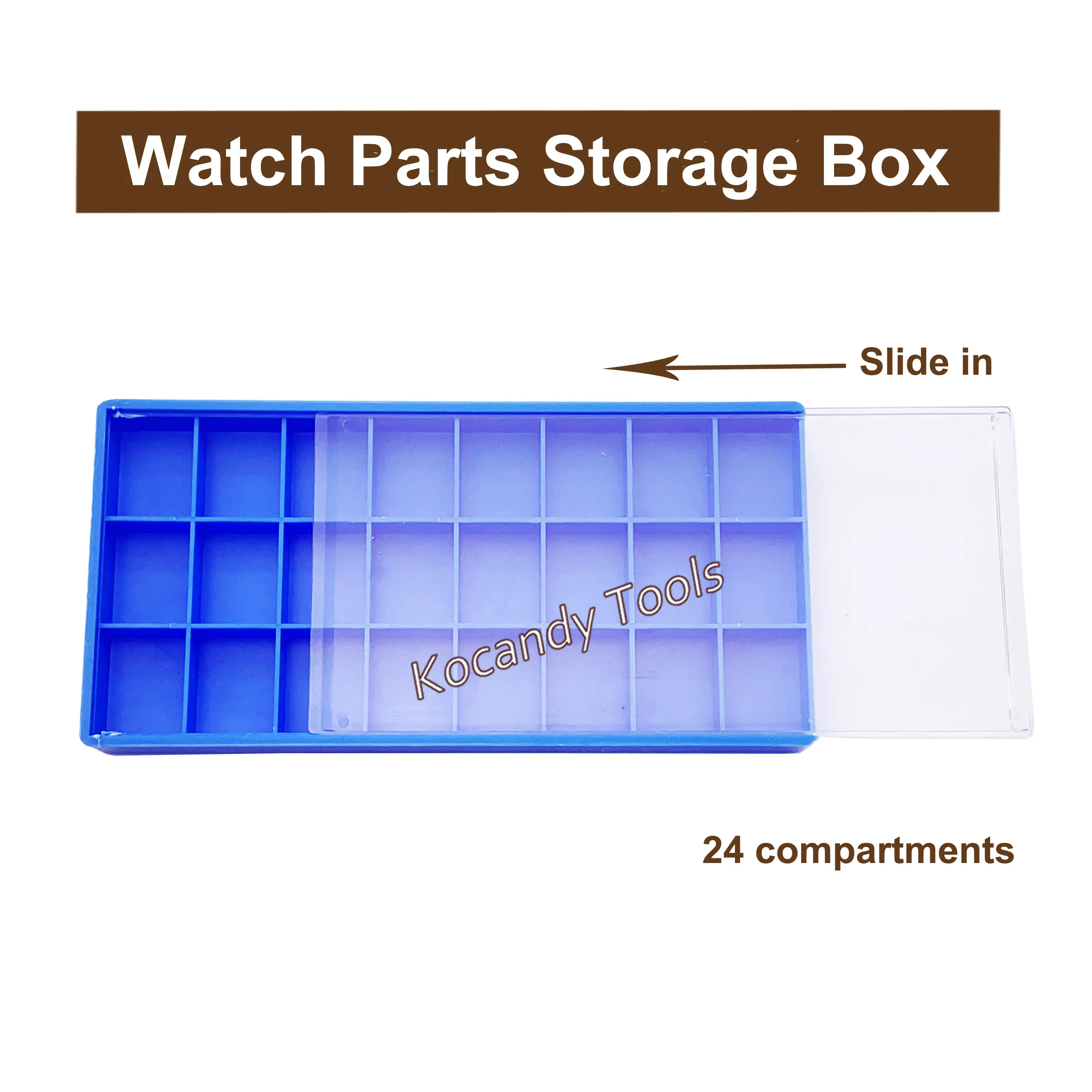 Empty blue 24-compartment organizer box with its lid pulled back