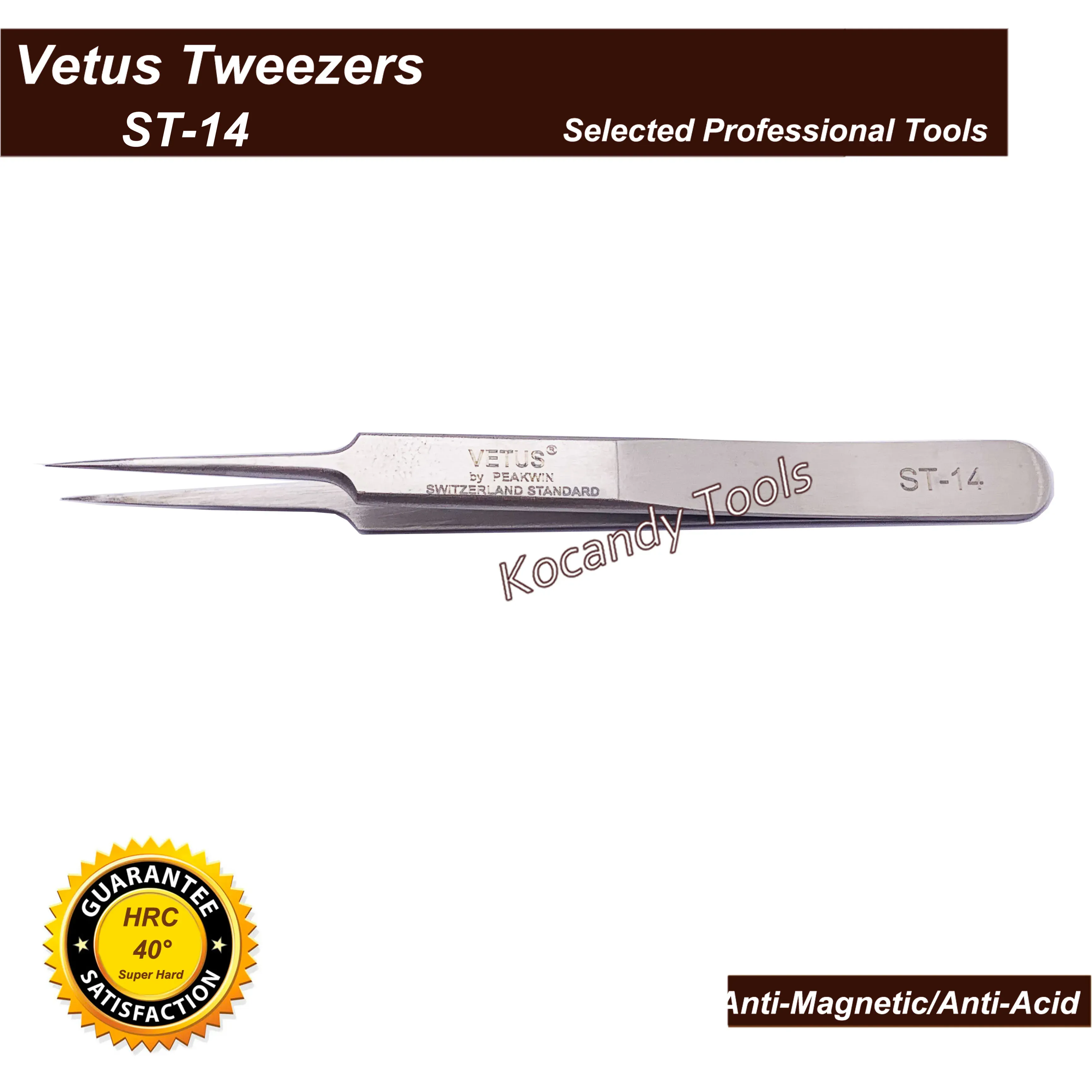 Two Vetus tweezers crossing on a plain white background