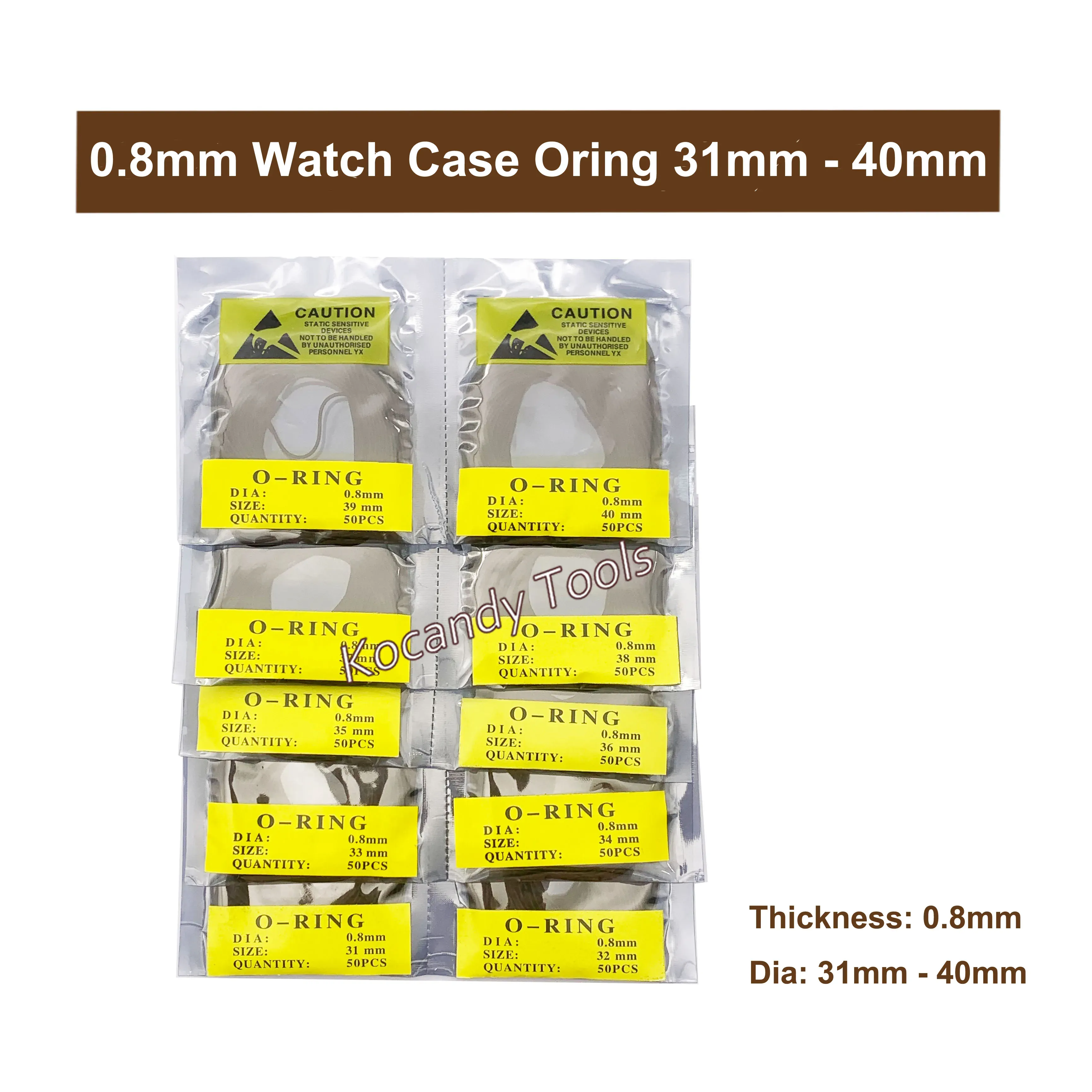Yellow retail bag of black 0.8mm gaskets, sizes 31mm to 40mm