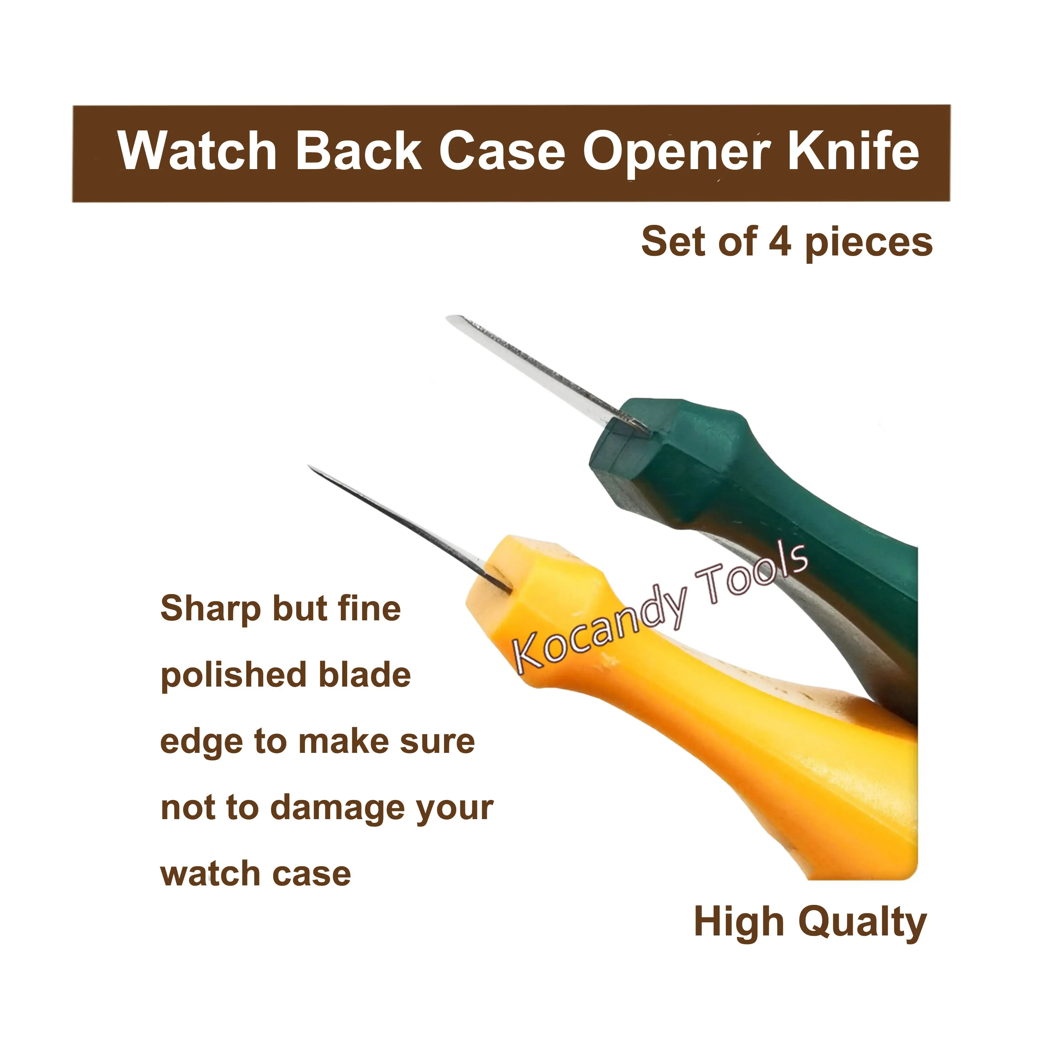 Hand holding a green-handled watch case opener knife