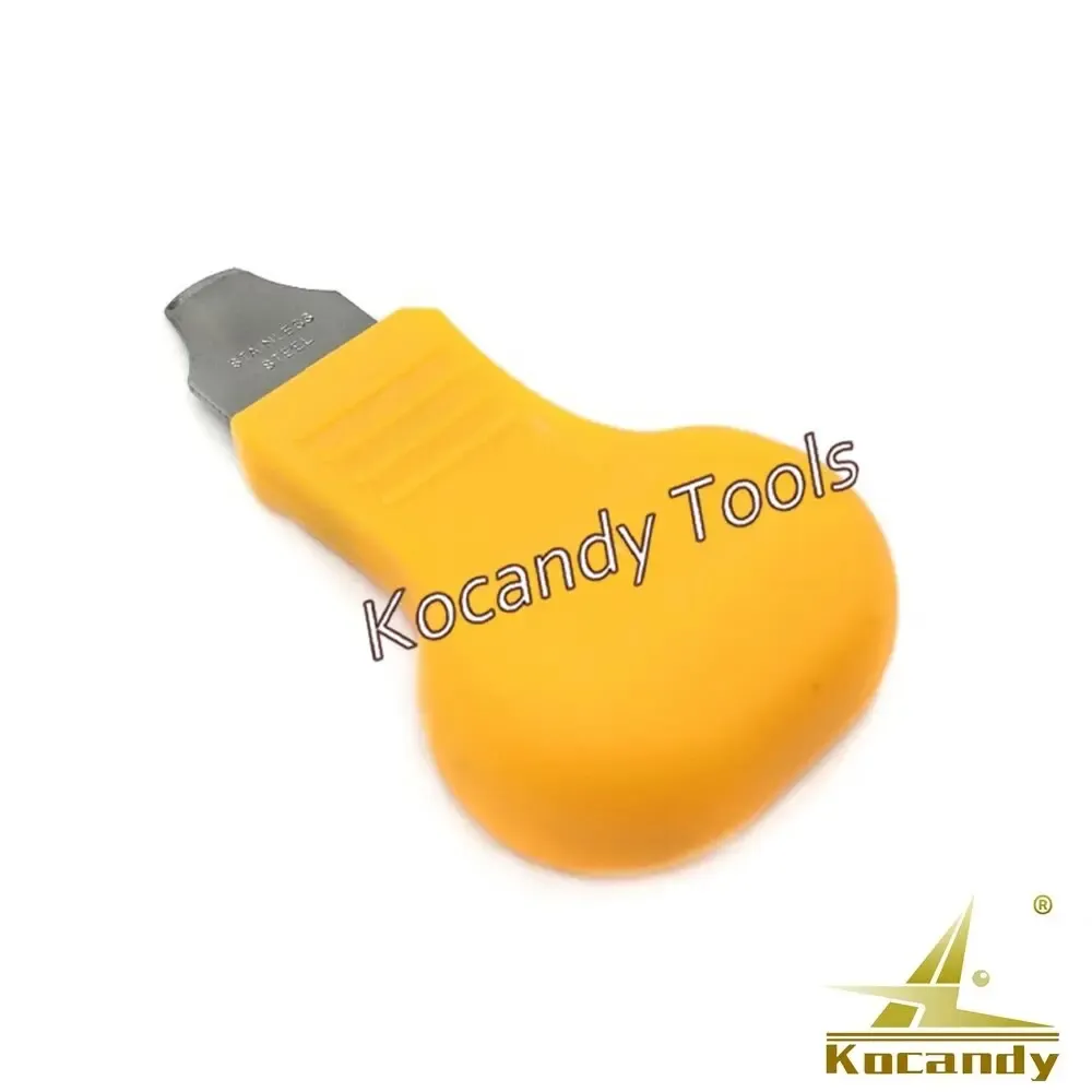 Case back opener knife with orange handle and short curved blade