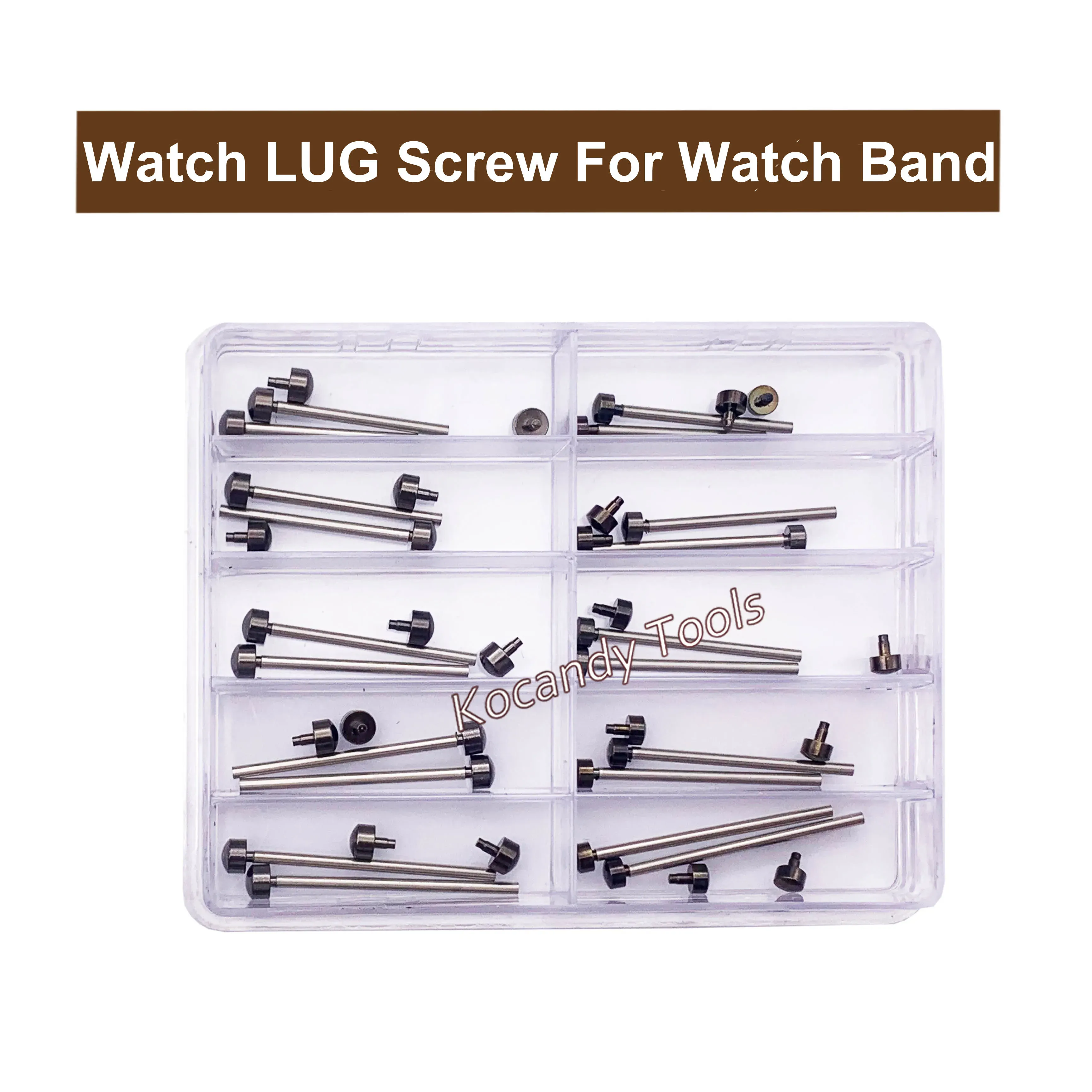 Compartment tray of gold-colour watch band screw pins and rivet ends
