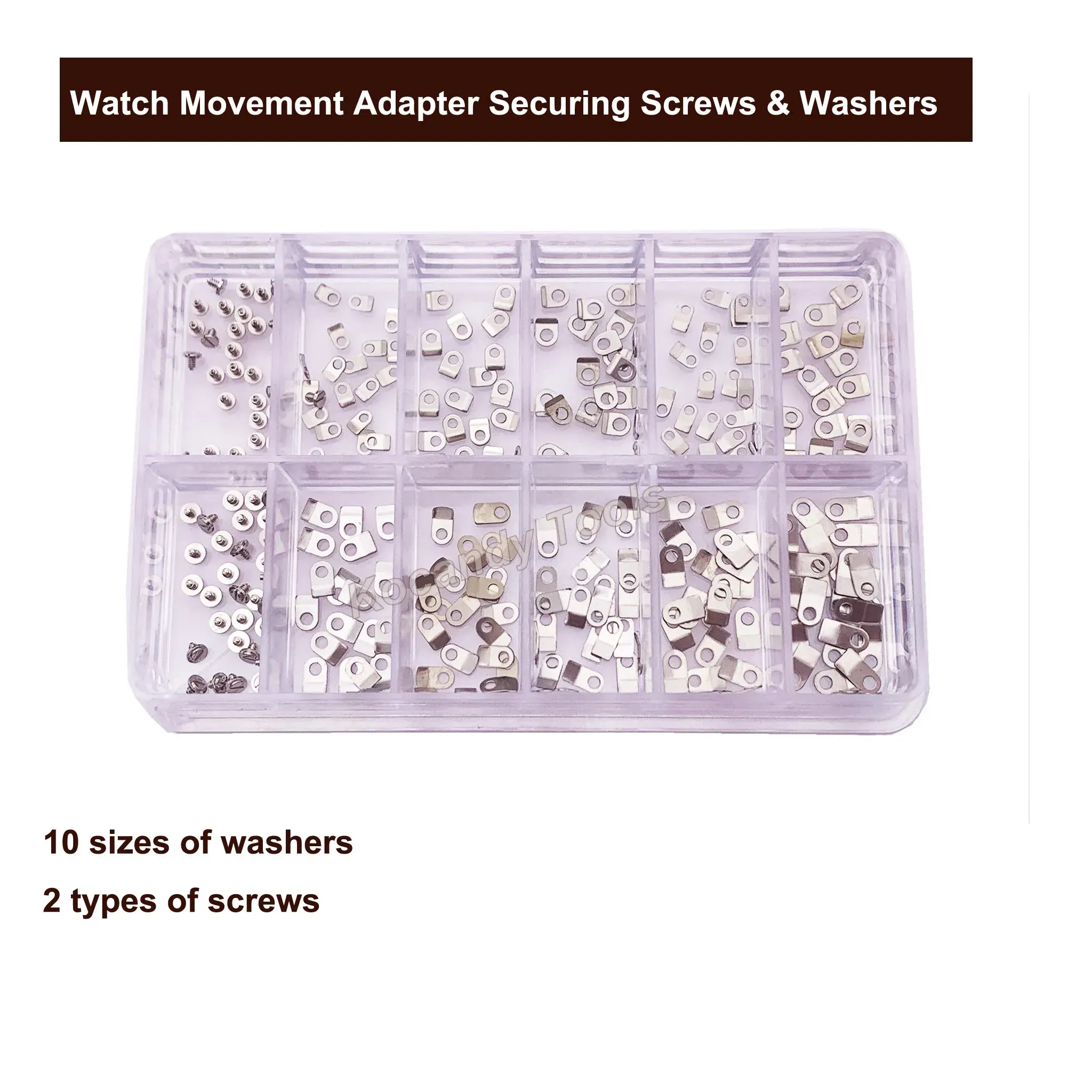 Clear compartment box opened showing washers and screws sorted into twelve sections