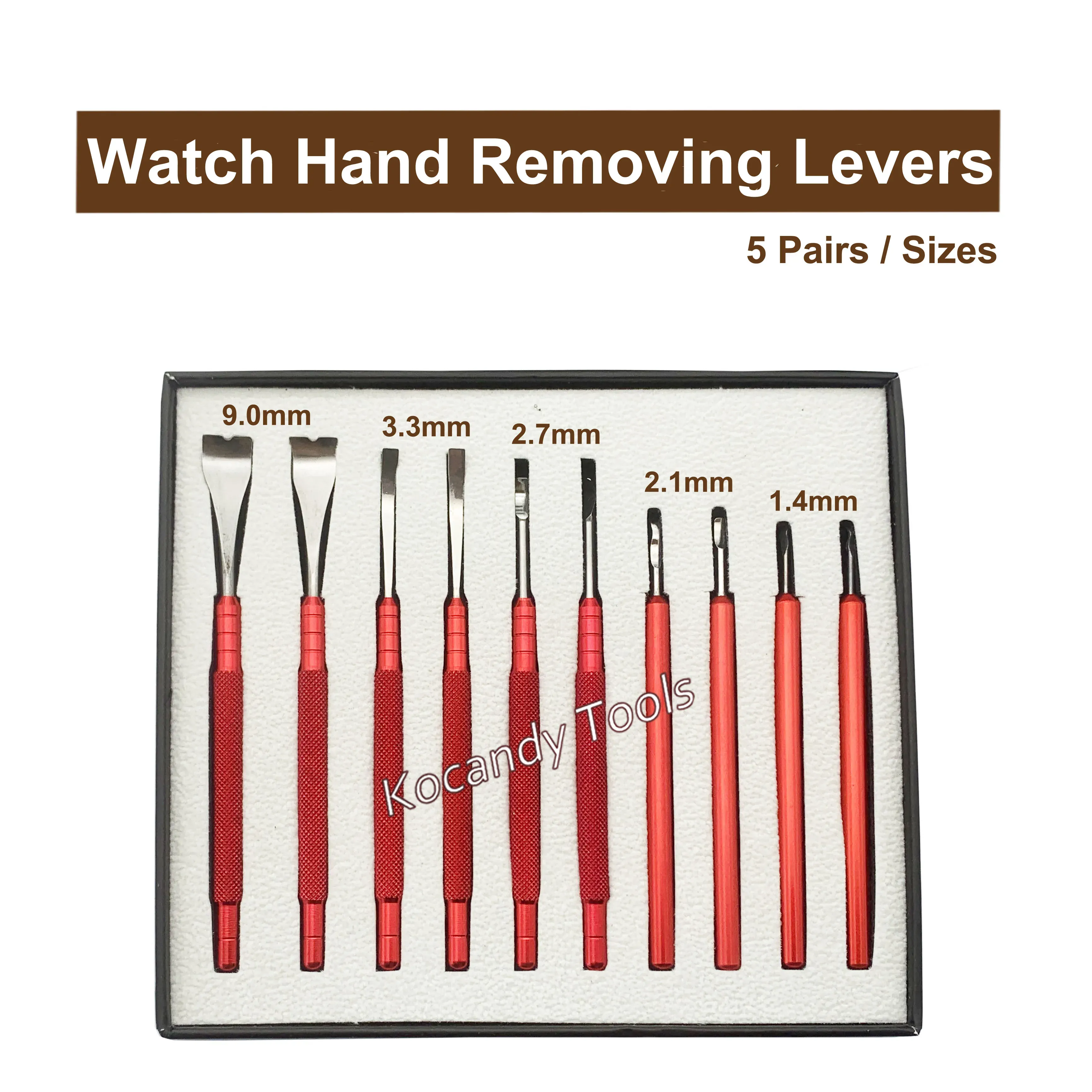 Red-handled hairspring collet levers in a clear storage tray